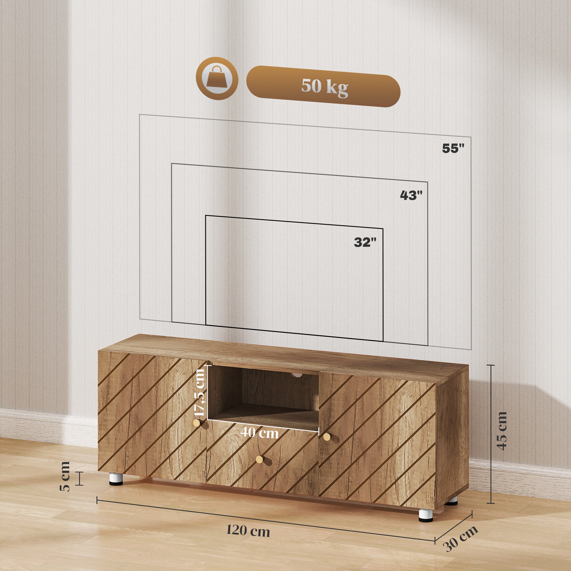 Meuble TV meuble télé bois banc TV pour téléviseur jusqu'à 50 pouces avec 2 placards et compartiment ouvert et tiroir pour salon chambre à coucher, 120 x 30 x 45 cm, bois naturel
