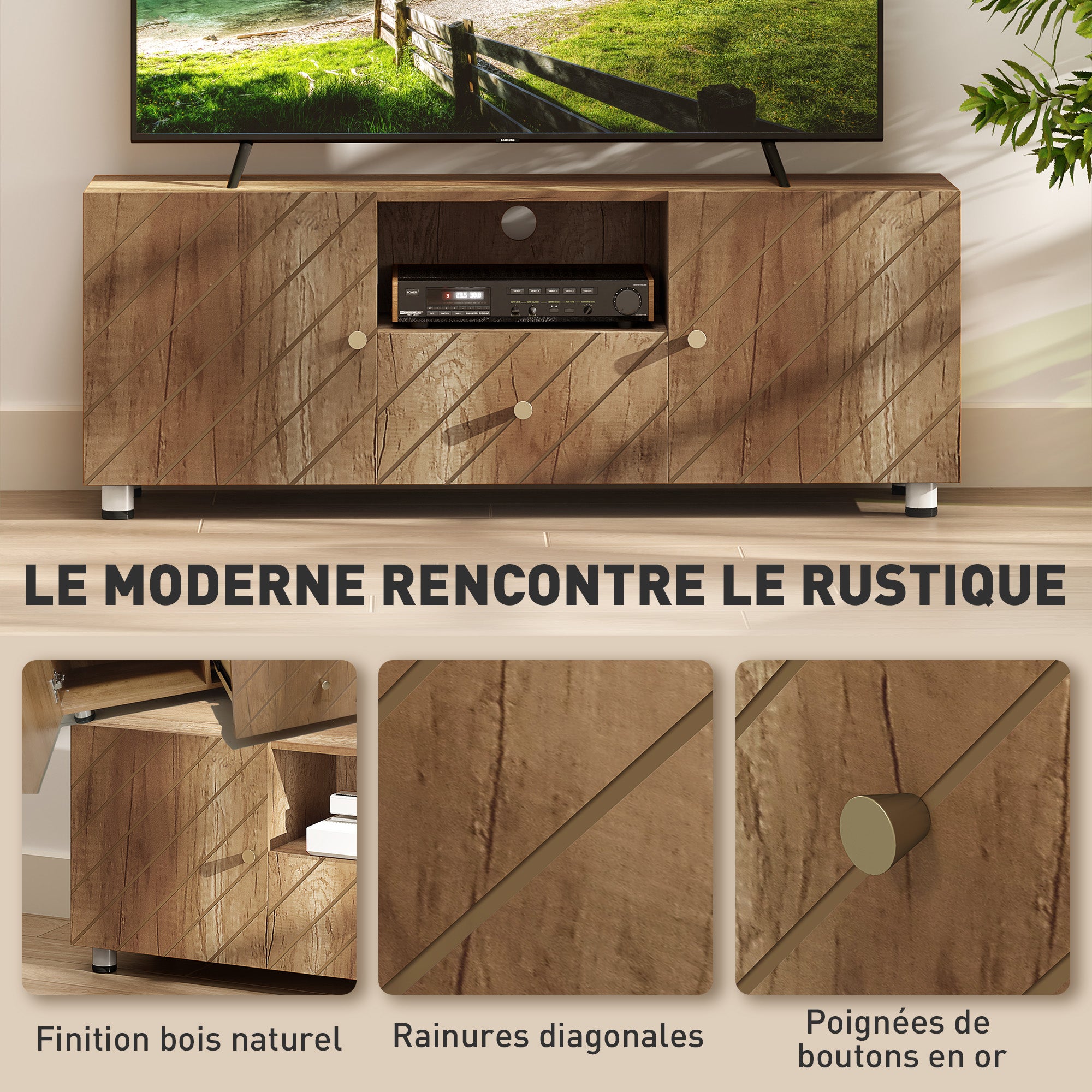 Meuble TV meuble télé bois banc TV pour téléviseur jusqu'à 50 pouces avec 2 placards et compartiment ouvert et tiroir pour salon chambre à coucher, 120 x 30 x 45 cm, bois naturel