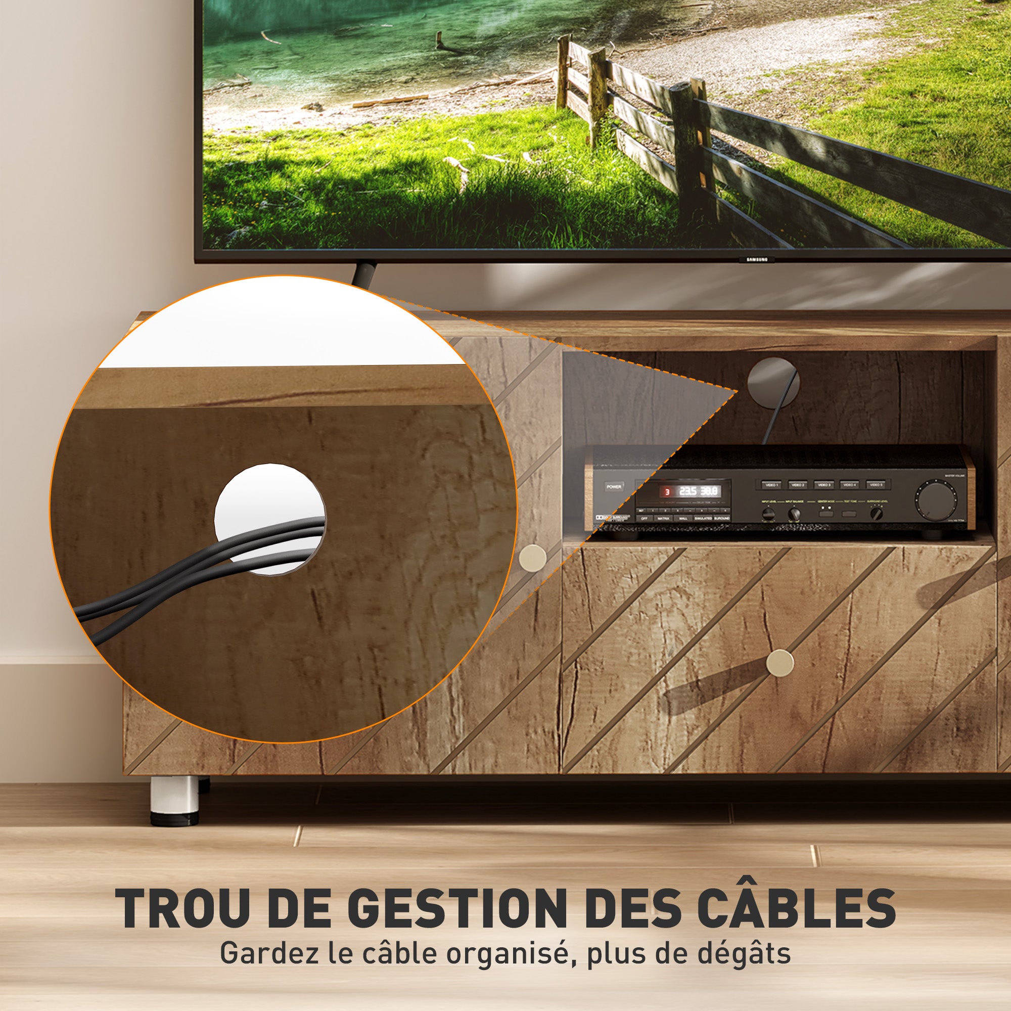 Meuble TV meuble télé bois banc TV pour téléviseur jusqu'à 50 pouces avec 2 placards et compartiment ouvert et tiroir pour salon chambre à coucher, 120 x 30 x 45 cm, bois naturel