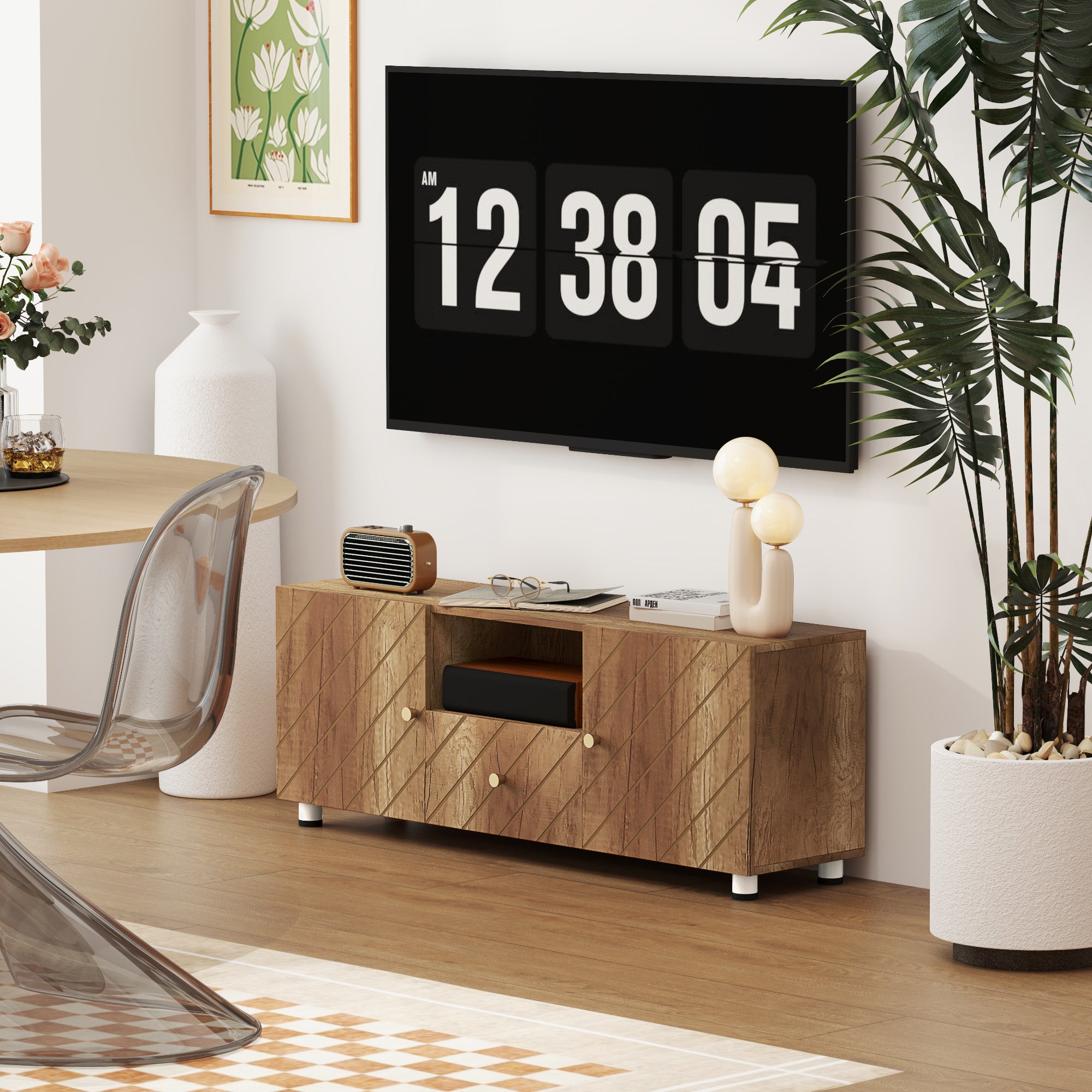 Meuble TV meuble télé bois banc TV pour téléviseur jusqu'à 50 pouces avec 2 placards et compartiment ouvert et tiroir pour salon chambre à coucher, 120 x 30 x 45 cm, bois naturel