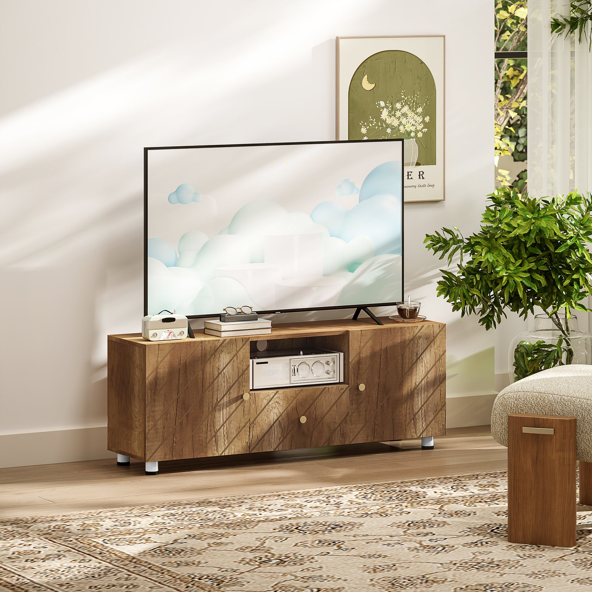 Meuble TV meuble télé bois banc TV pour téléviseur jusqu'à 50 pouces avec 2 placards et compartiment ouvert et tiroir pour salon chambre à coucher, 120 x 30 x 45 cm, bois naturel