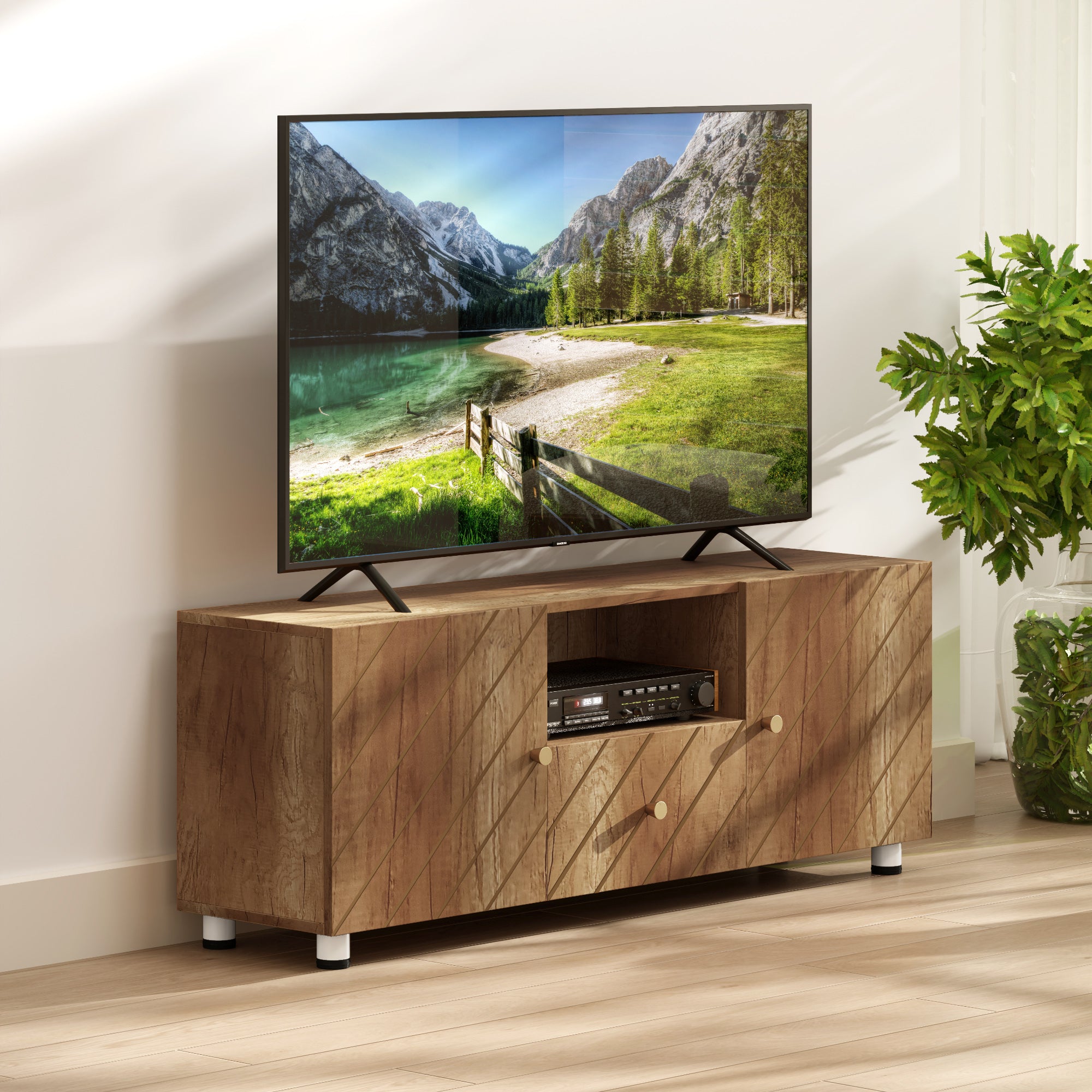 Meuble TV meuble télé bois banc TV pour téléviseur jusqu'à 50 pouces avec 2 placards et compartiment ouvert et tiroir pour salon chambre à coucher, 120 x 30 x 45 cm, bois naturel