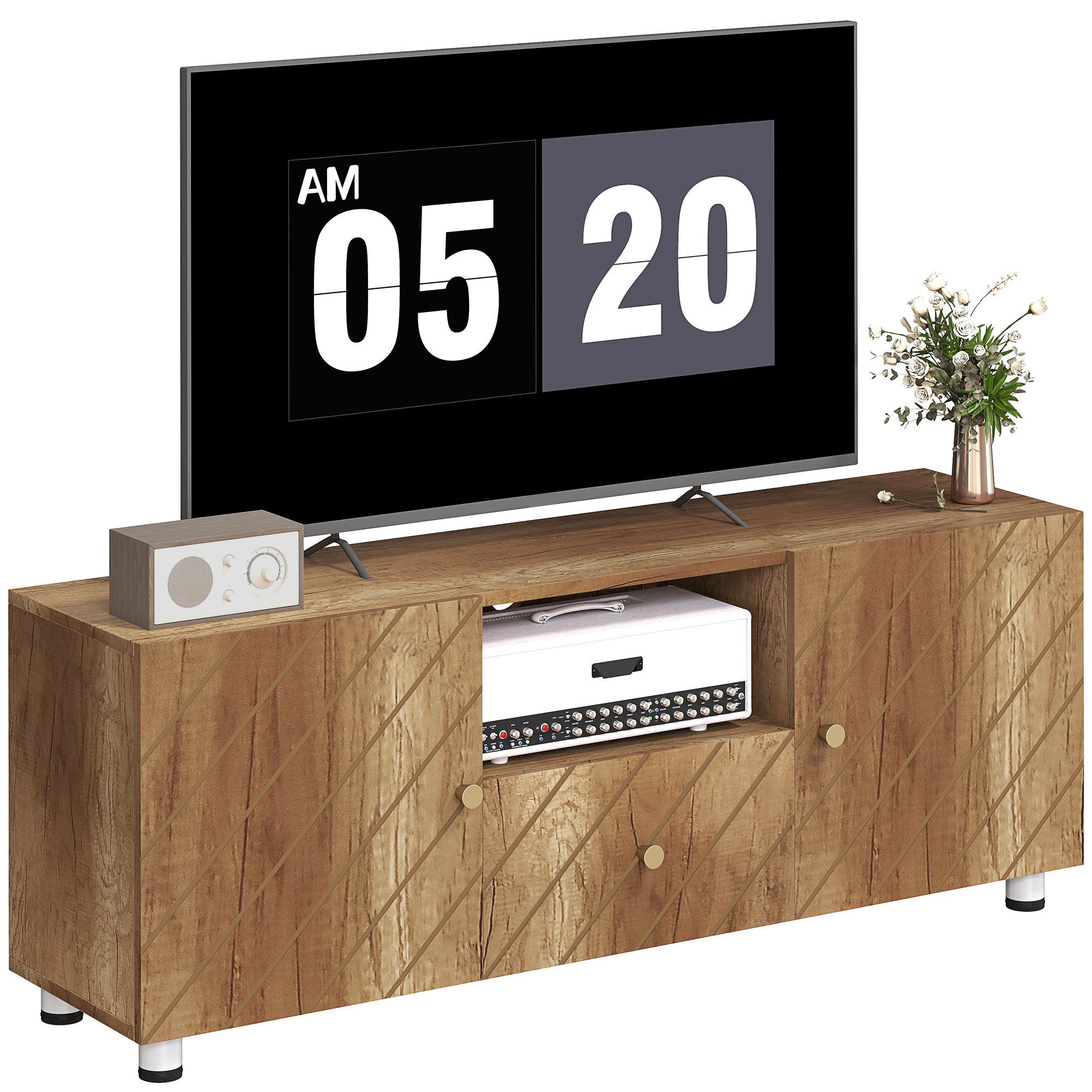 Meuble TV meuble télé bois banc TV pour téléviseur jusqu'à 50 pouces avec 2 placards et compartiment ouvert et tiroir pour salon chambre à coucher, 120 x 30 x 45 cm, bois naturel