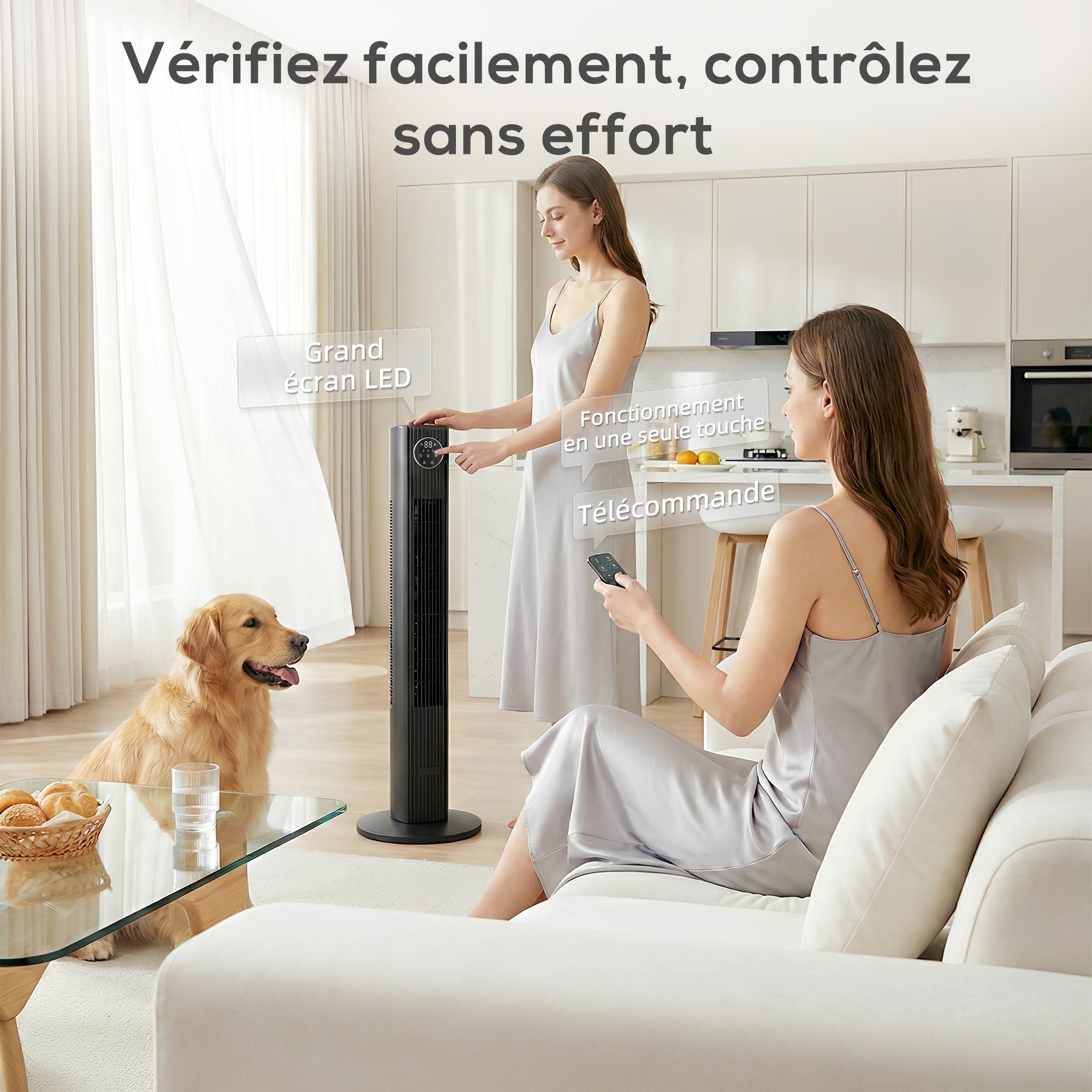 Ventilateur colonne silencieux 28dB, vitesse 8m/s, ventilateur tour pour chambre, 90,5cm de haut, oscillant à 80°, écran LED, télécommande, 12 vitesses, 4 modes, minuterie 12H, noir