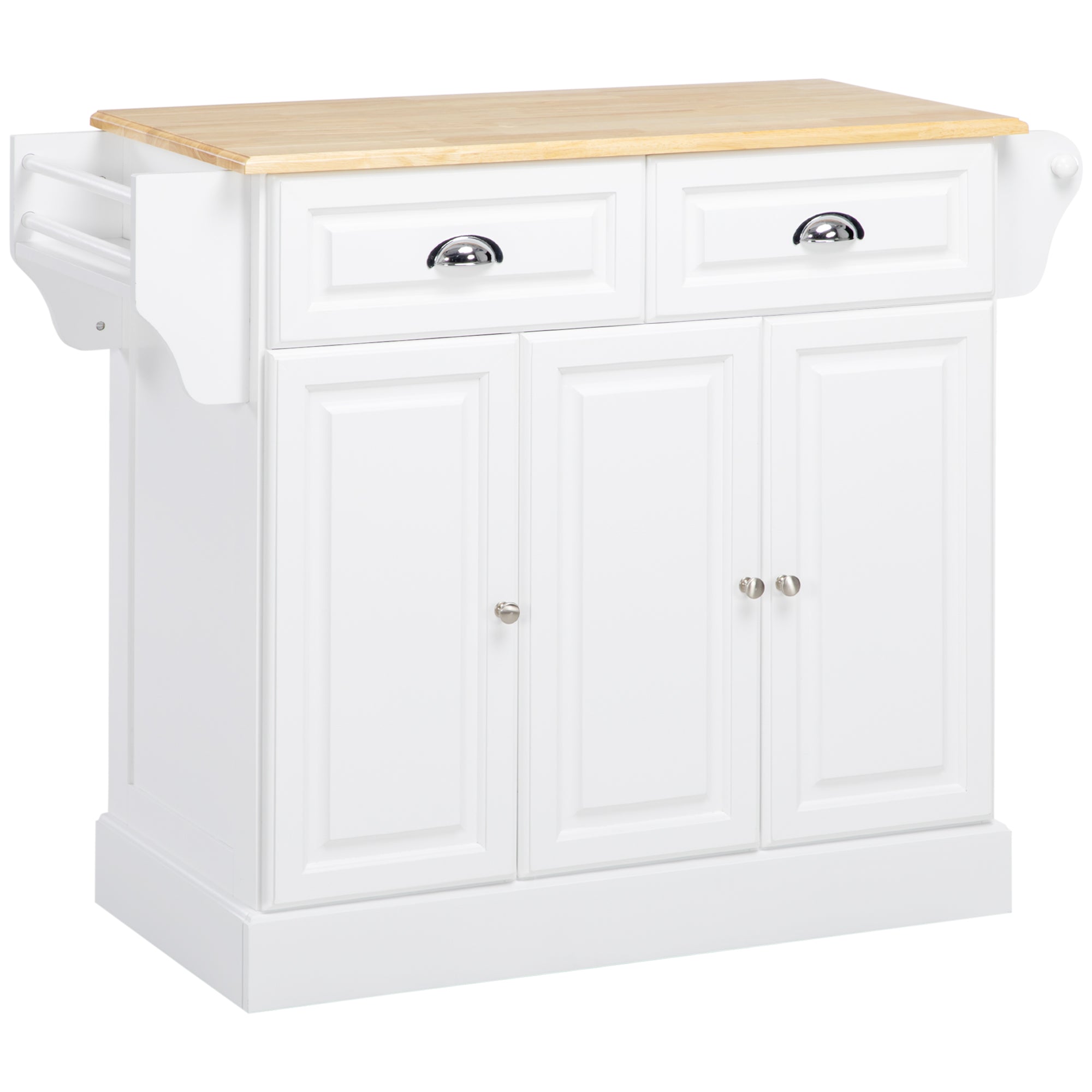 Ilot de cuisine Chariot de cuisine à roulettes Desserte polyvalent avec 2 tiroirs 3 portes Porte-serviettes et porte-épices pour salle à manger dim. 110L x 45l x 91H cm Blanc