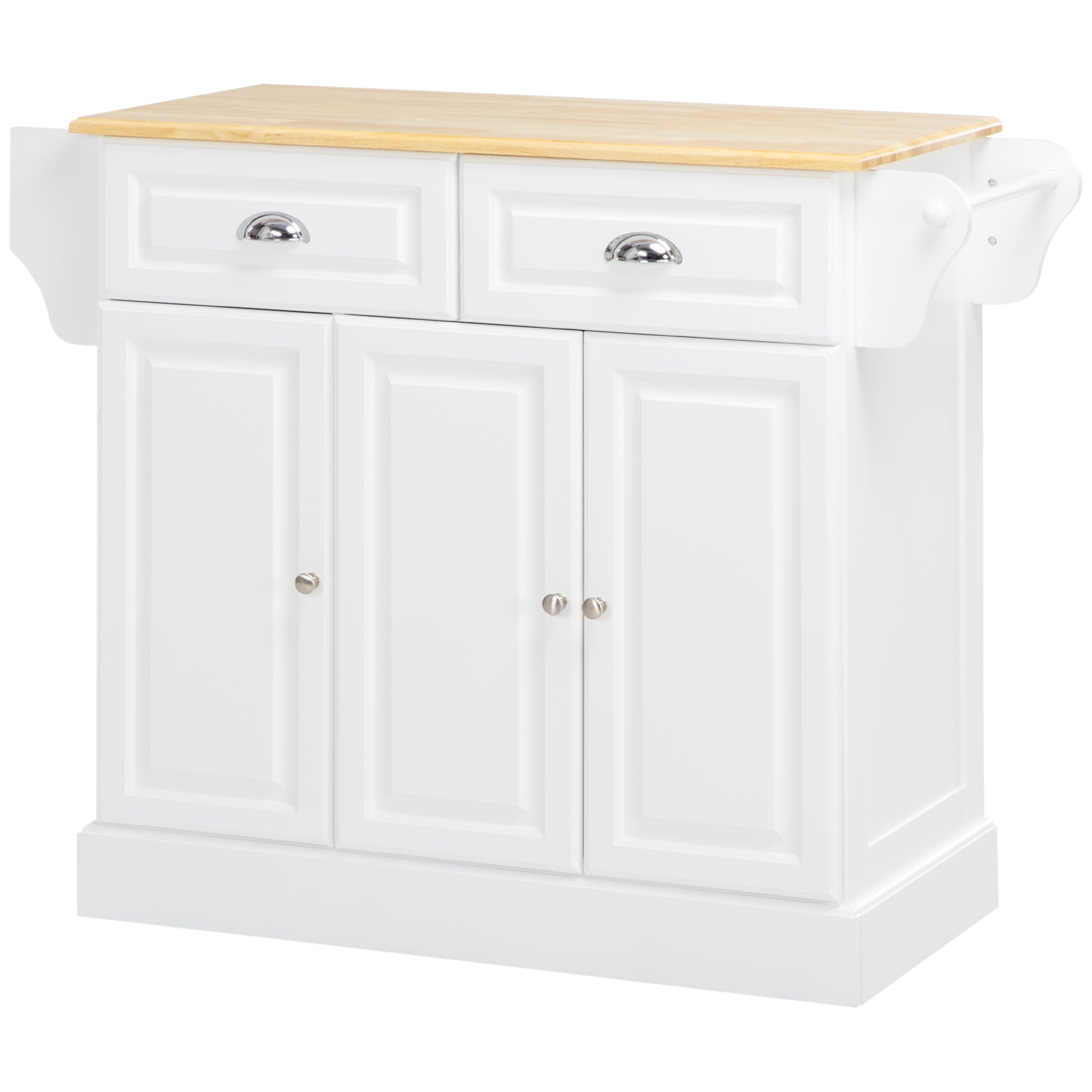 Ilot de cuisine Chariot de cuisine à roulettes Desserte polyvalent avec 2 tiroirs 3 portes Porte-serviettes et porte-épices pour salle à manger dim. 110L x 45l x 91H cm Blanc