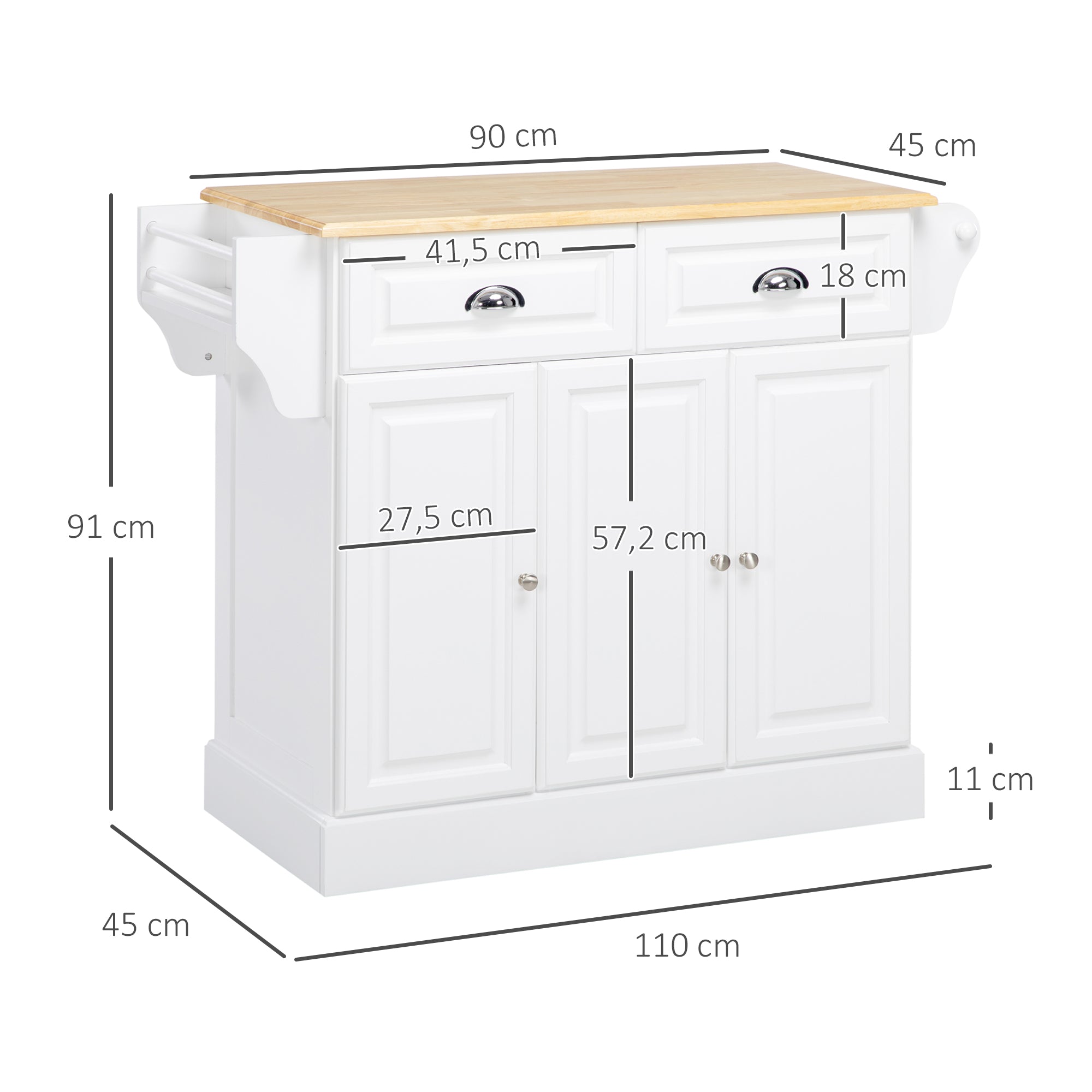 Ilot de cuisine Chariot de cuisine à roulettes Desserte polyvalent avec 2 tiroirs 3 portes Porte-serviettes et porte-épices pour salle à manger dim. 110L x 45l x 91H cm Blanc
