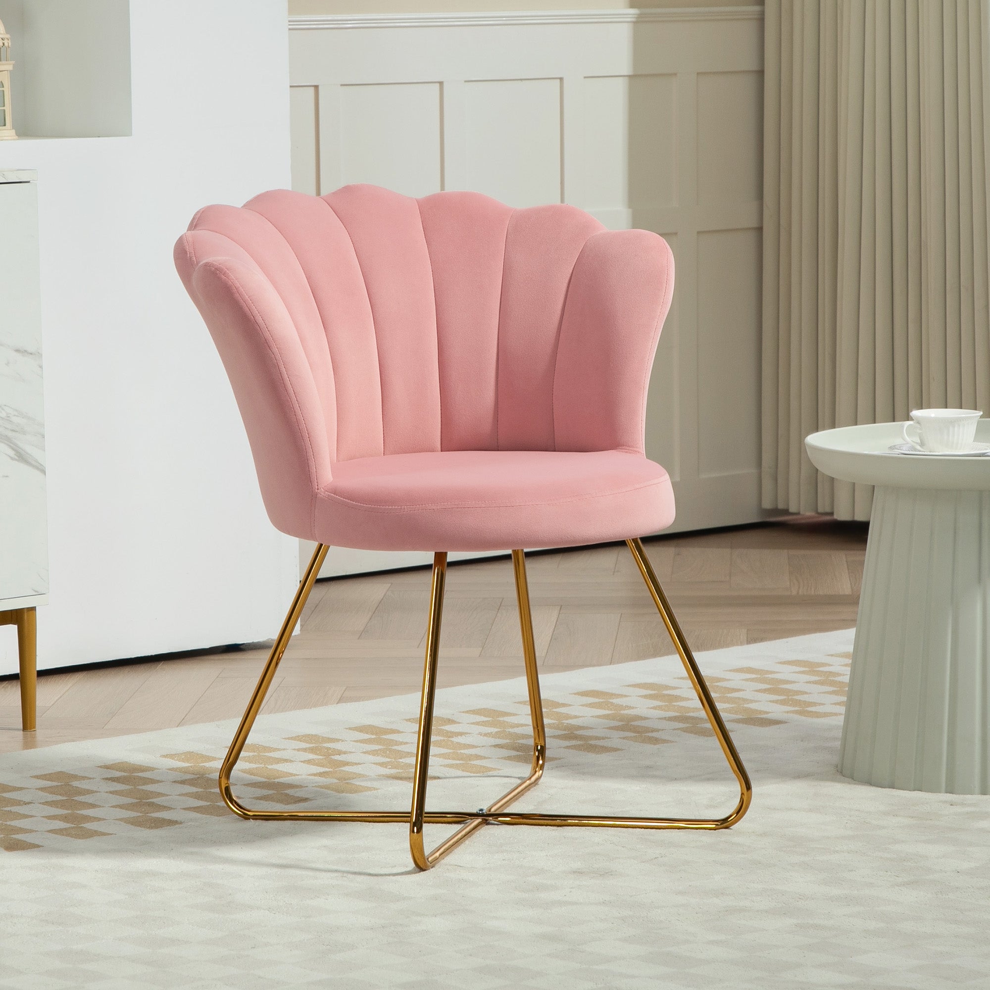 Fauteuil coquillage chaise coiffeuse fauteuil en velours fauteuil de salon avec pieds en acier pour salon et chambre 69 x 64 x 80 cm rose
