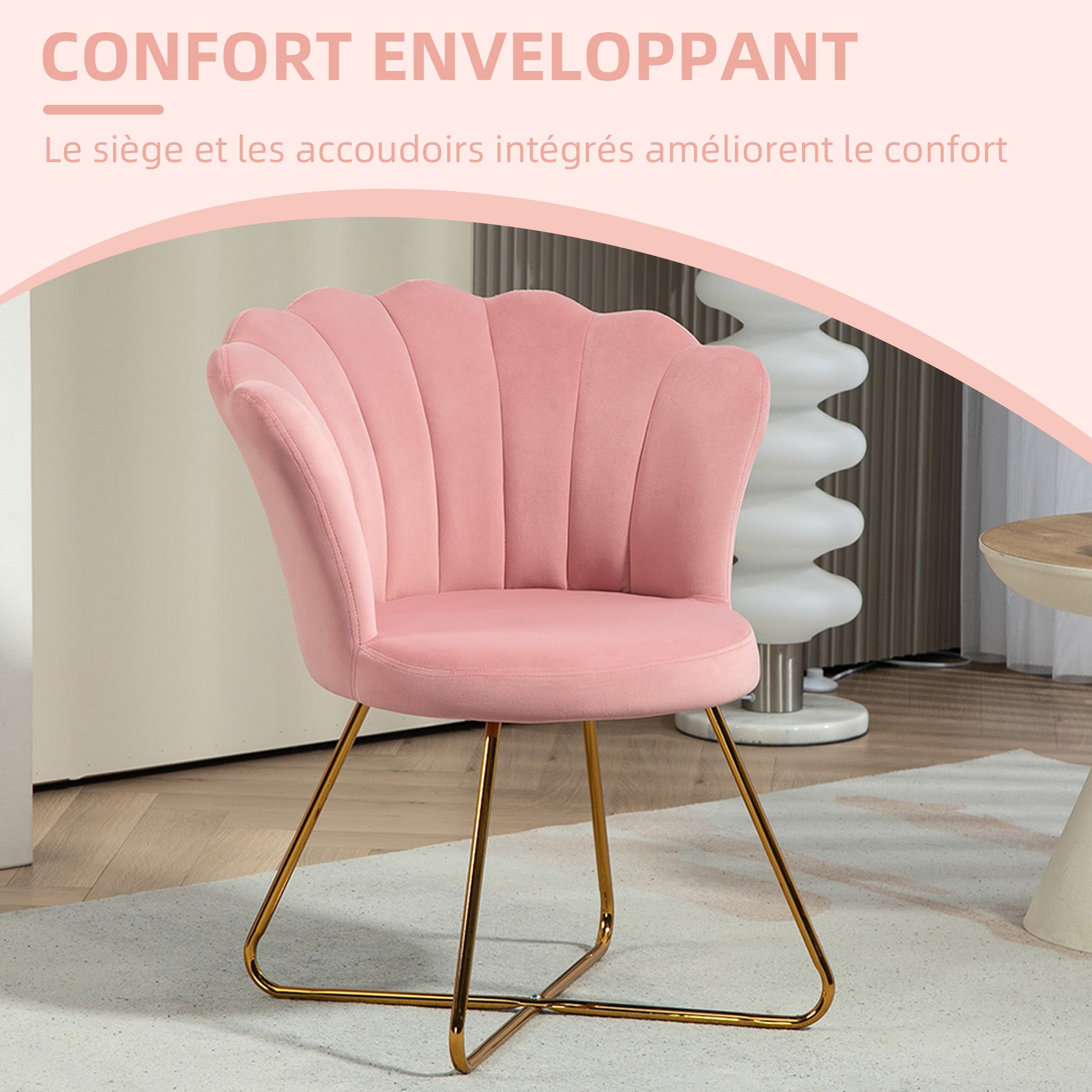 Fauteuil coquillage chaise coiffeuse fauteuil en velours fauteuil de salon avec pieds en acier pour salon et chambre 69 x 64 x 80 cm rose