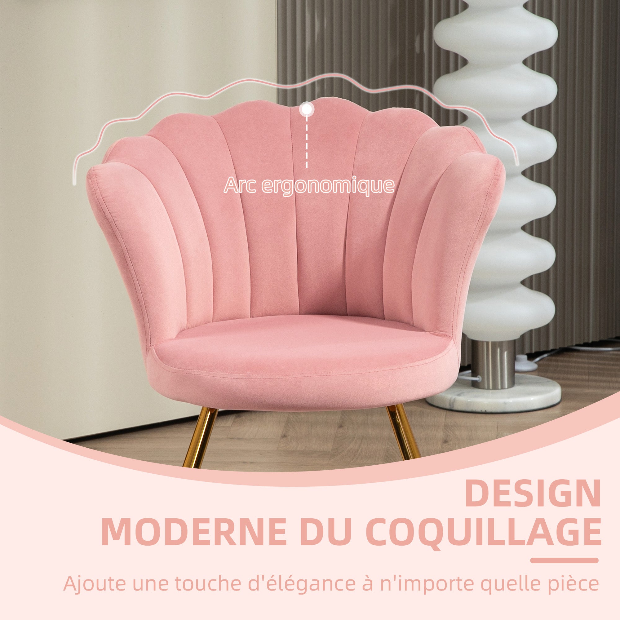 Fauteuil coquillage chaise coiffeuse fauteuil en velours fauteuil de salon avec pieds en acier pour salon et chambre 69 x 64 x 80 cm rose