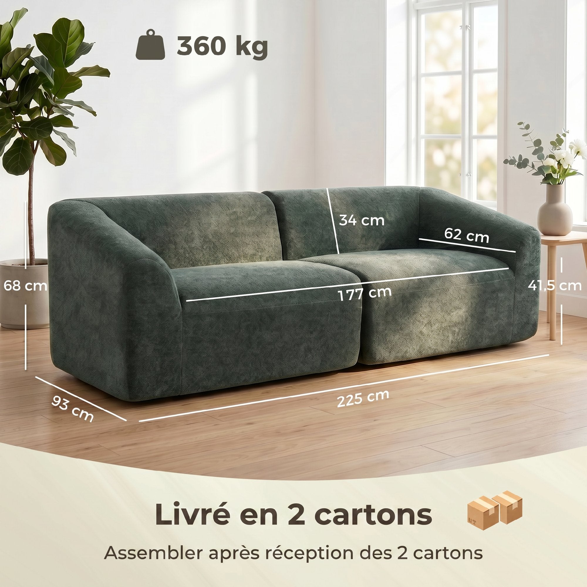 Canapé 3 places en chenille 225 cm, canapé salon rembourré moderne avec assise large, coussin à ressorts, entièrement compressé, pas de montage nécessaire, vert foncé