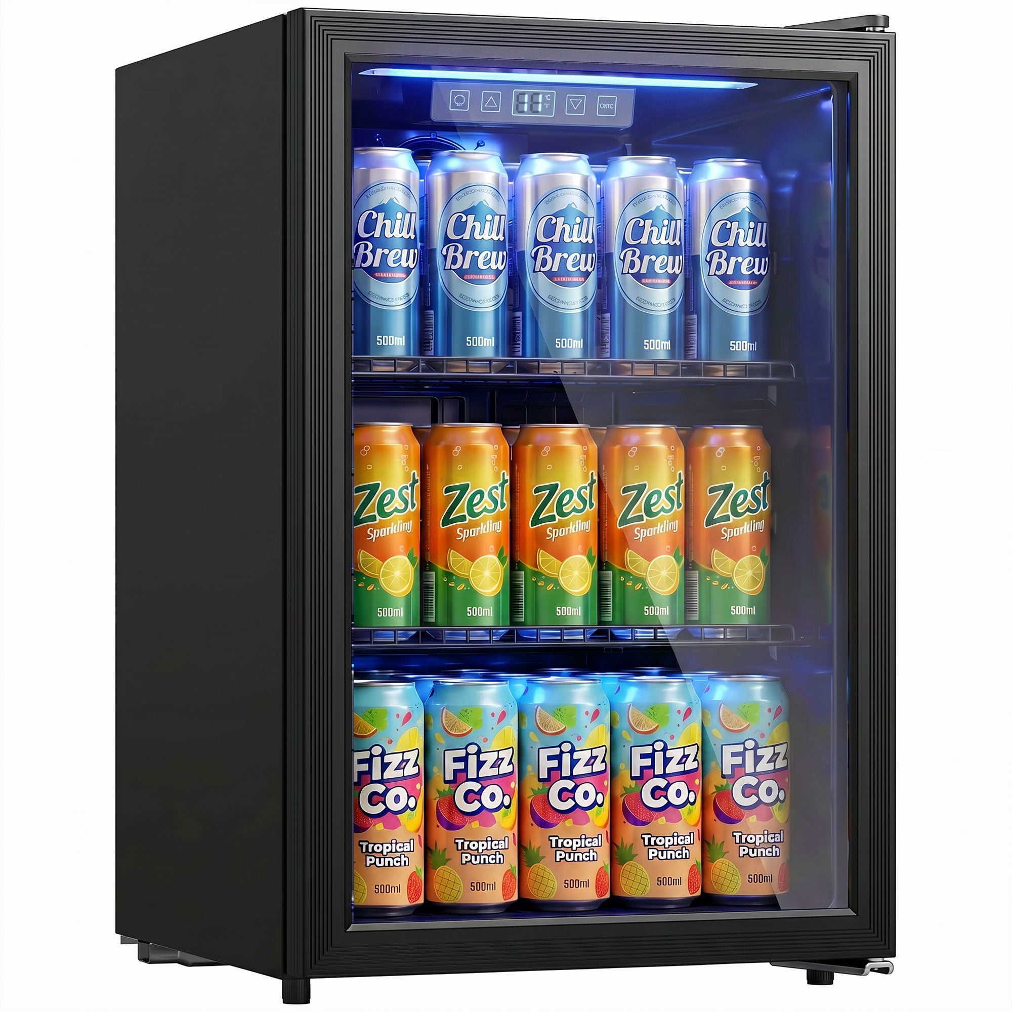 Réfrigérateur à Boissons 70L et 70 Canettes, Petit Frigo Silencieux en Pose Libre, Porte en Verre Trempé Double, Étagères Réglables, Éclairage LED, pour Soda Bière Vin dans Chambre Bureau, Noir