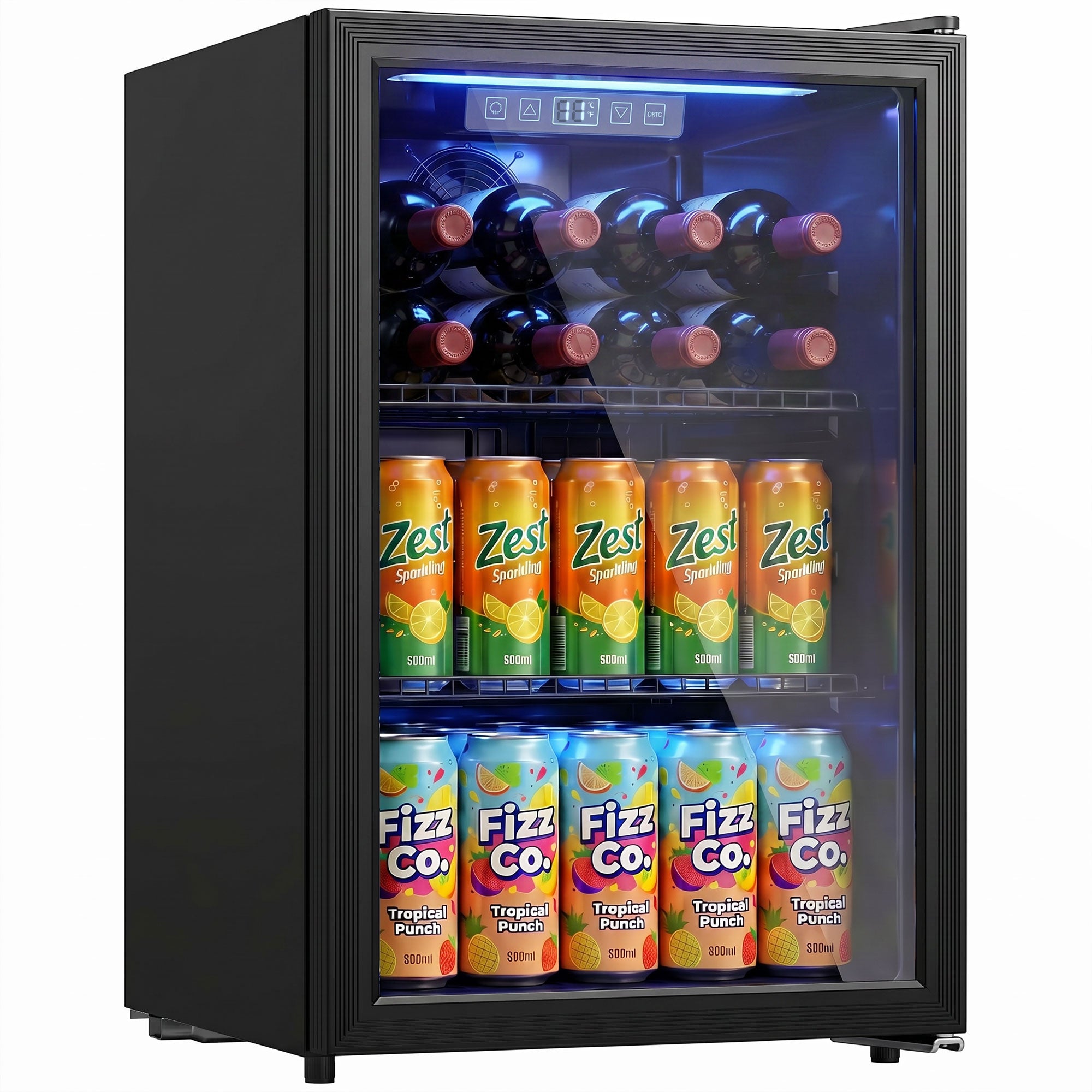 Réfrigérateur à Boissons 70L et 70 Canettes, Petit Frigo Silencieux en Pose Libre, Porte en Verre Trempé Double, Étagères Réglables, Éclairage LED, pour Soda Bière Vin dans Chambre Bureau, Noir