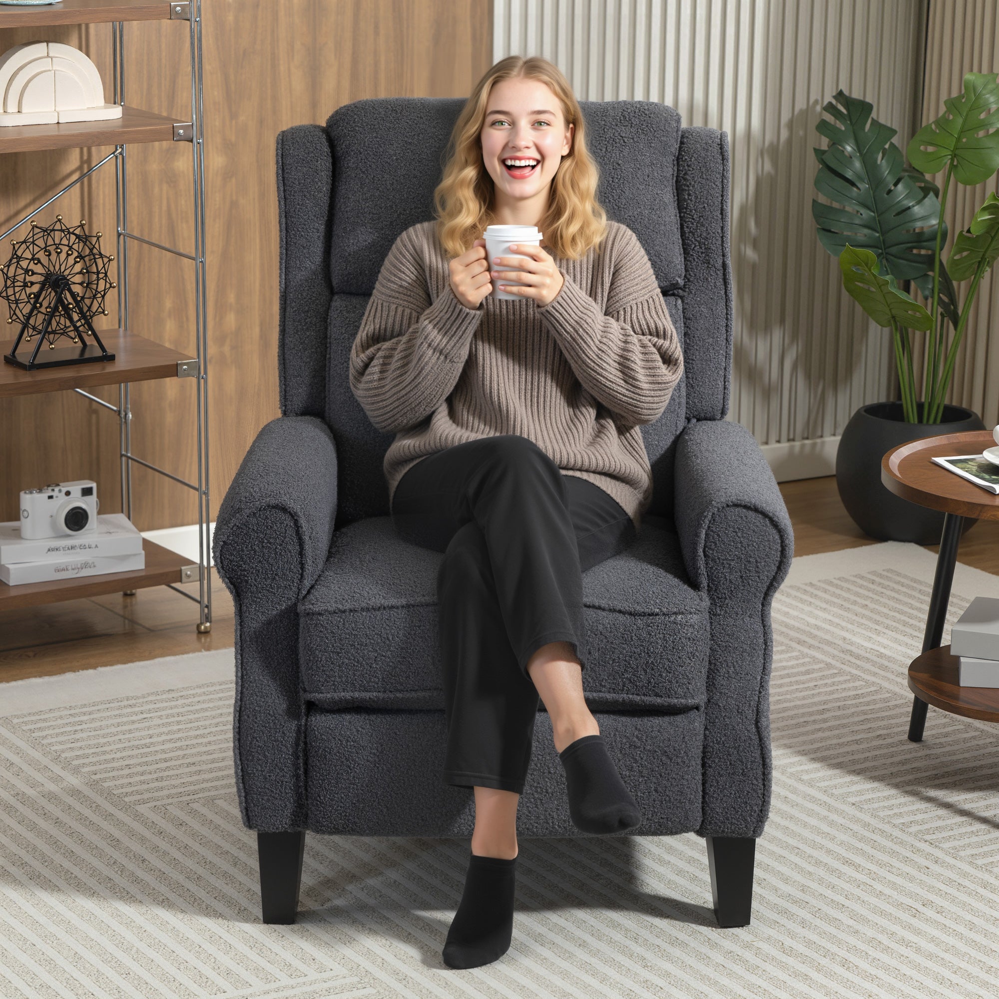 Fauteuil inclinable en polaire Teddy, fauteuil de relaxation avec repose-pieds extensible, assise rembourrée, Ressorts ensachés, pour salon, bureau, home cinéma, gris foncé