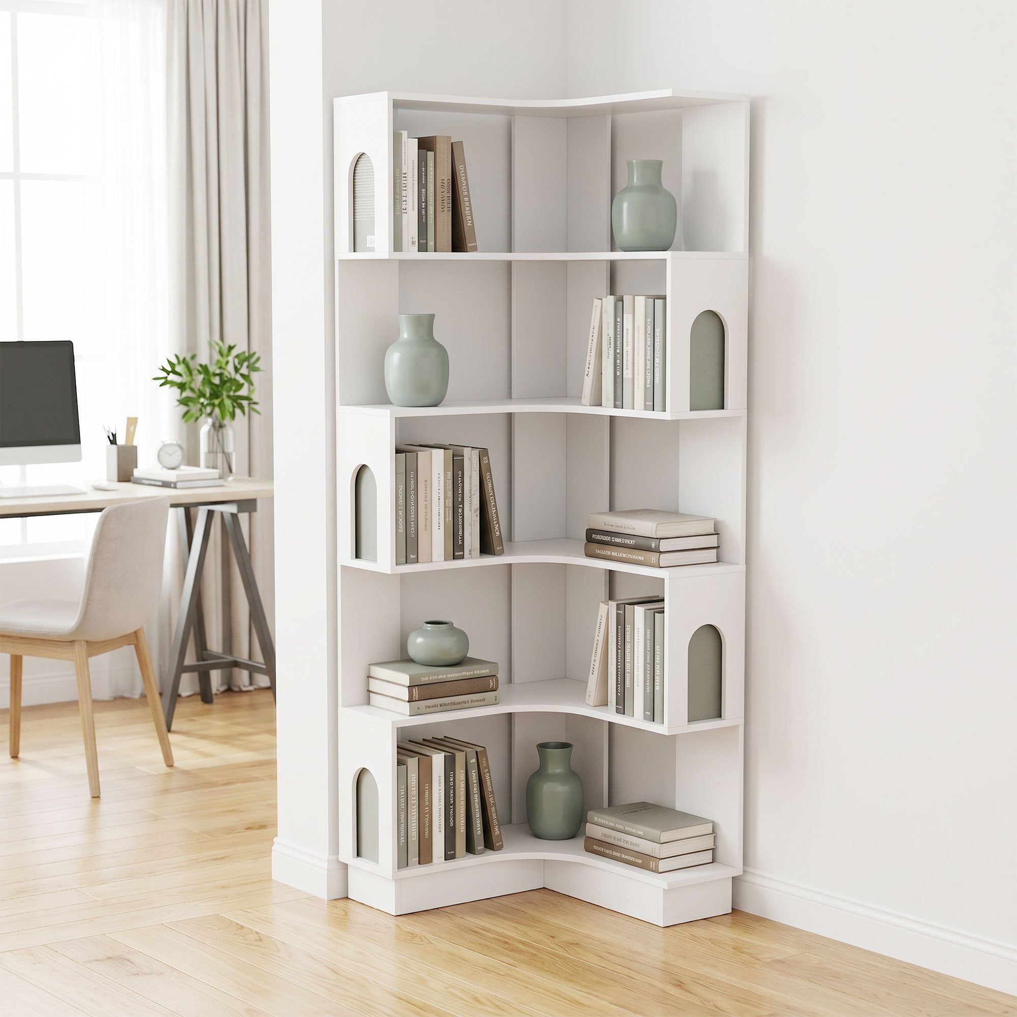 Bibliothèque d'angle, étagère de rangement à 6 niveaux avec panneaux latéraux arqués, style moderne, meuble de rangement pour bureau, salon, chambre, 60 x 60 x 165,5 cm, blanc