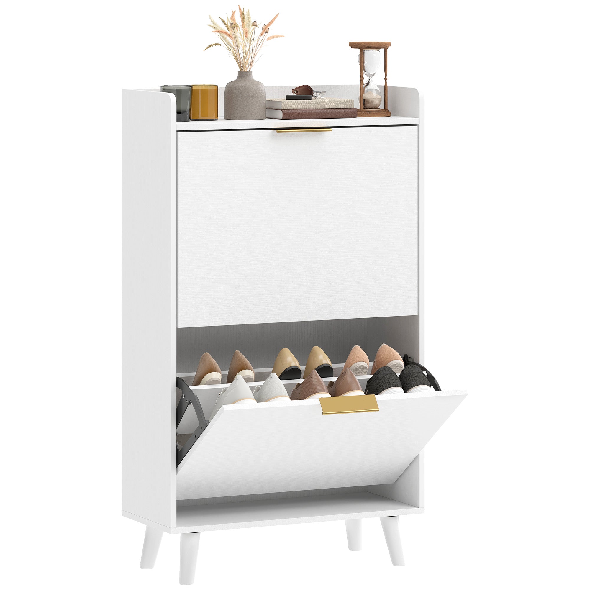 Meuble à chaussures 12 paires, armoire à chaussures étroite avec 2 tiroirs rabattables, étagères réglables et plateau supérieur, pieds en bois d'hévéa, pour couloir, entrée, 70x30x120cm, blanc