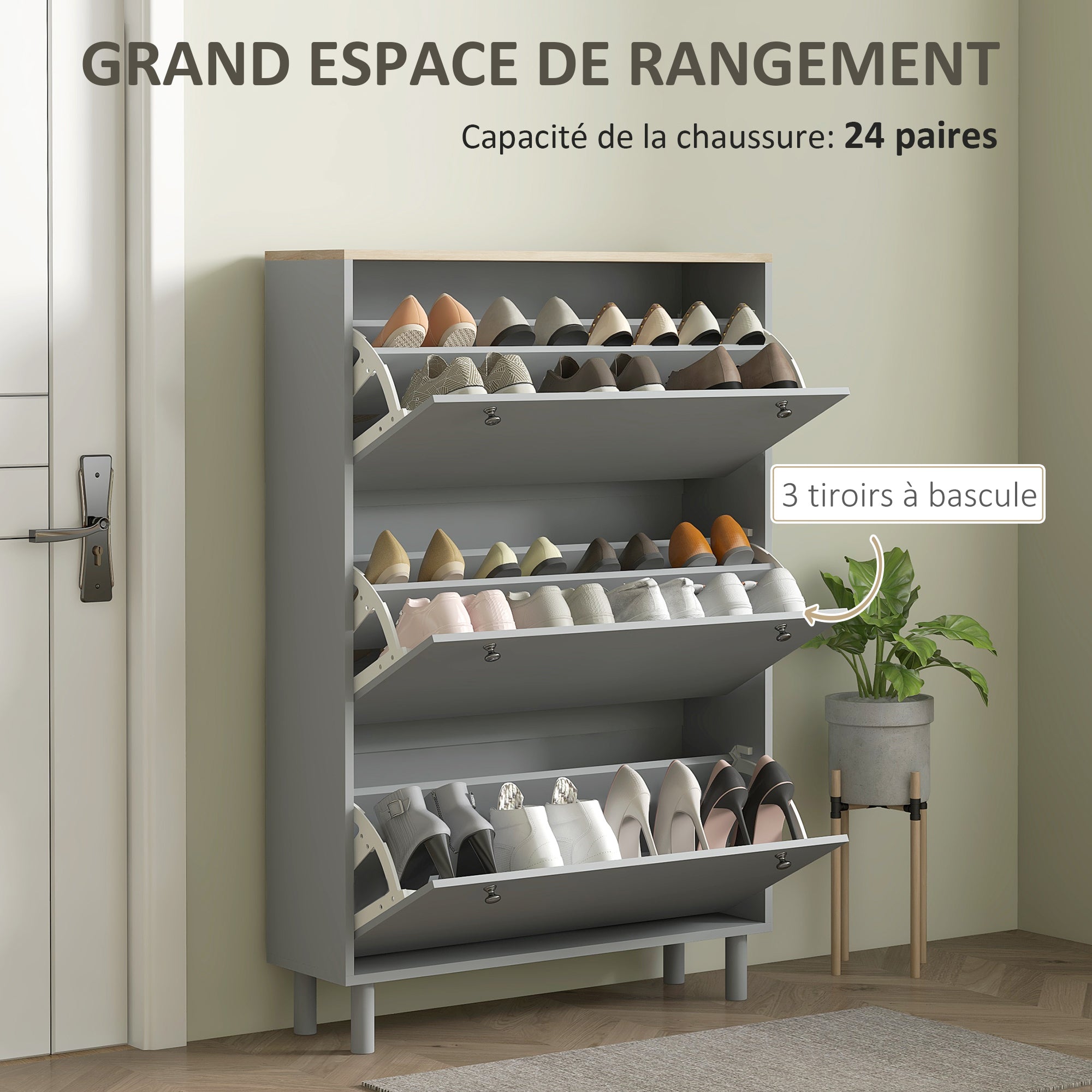 Meuble à chaussures 24 paires, armoire à chaussures étroite, meuble d'entrée avec 3 tiroirs rabattables et étagères réglables, pour couloir et entrée, 80x23,5x121cm, gris