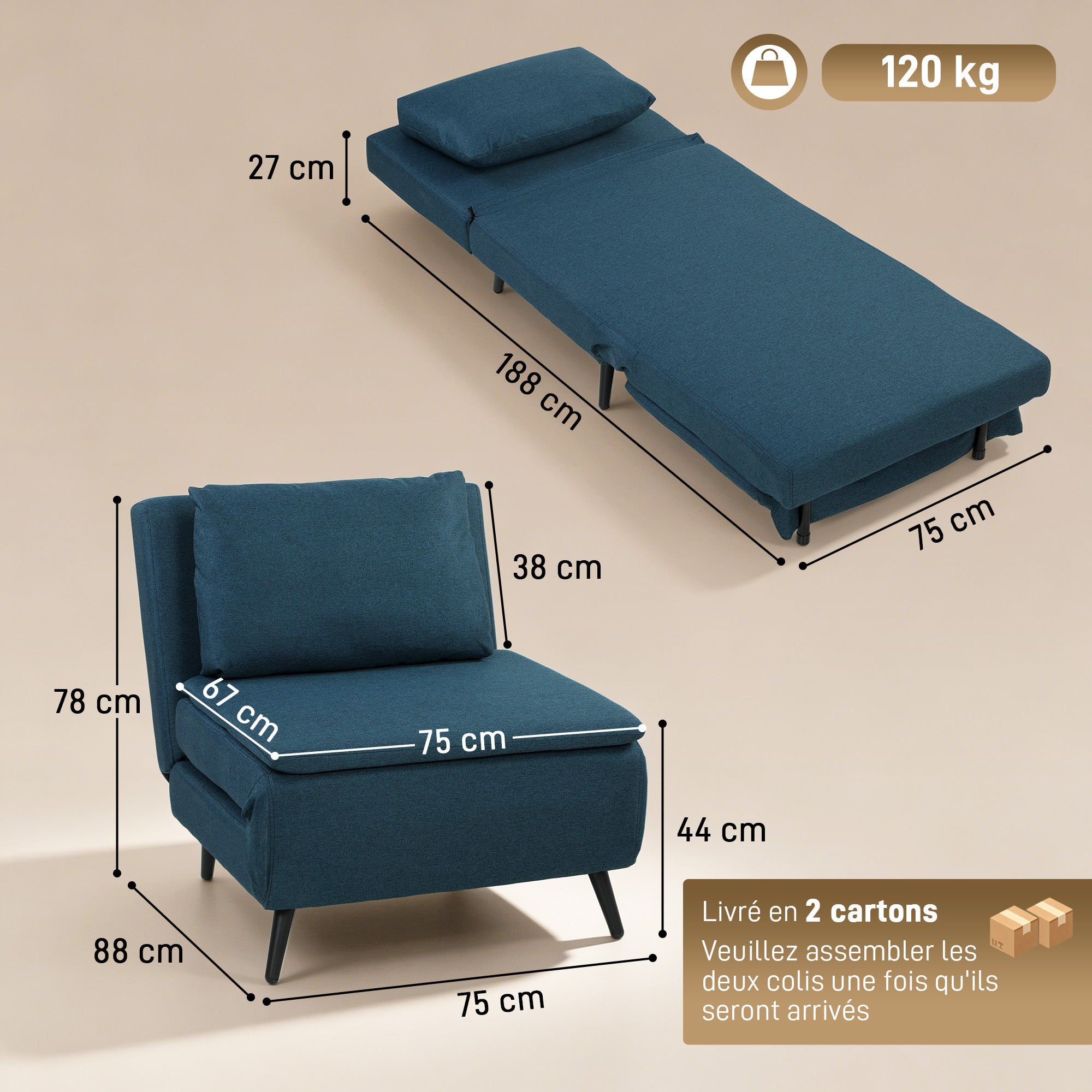 Fauteuil Convertible 1 Place, Fauteuil-Lit Clic-Clac 3 en 1 avec Dossier Réglable, Oreiller, Assise Large, Ressorts en S, Canapé-Lit Rembourré en Lin pour Invités, Salon, Bureau, Bleu