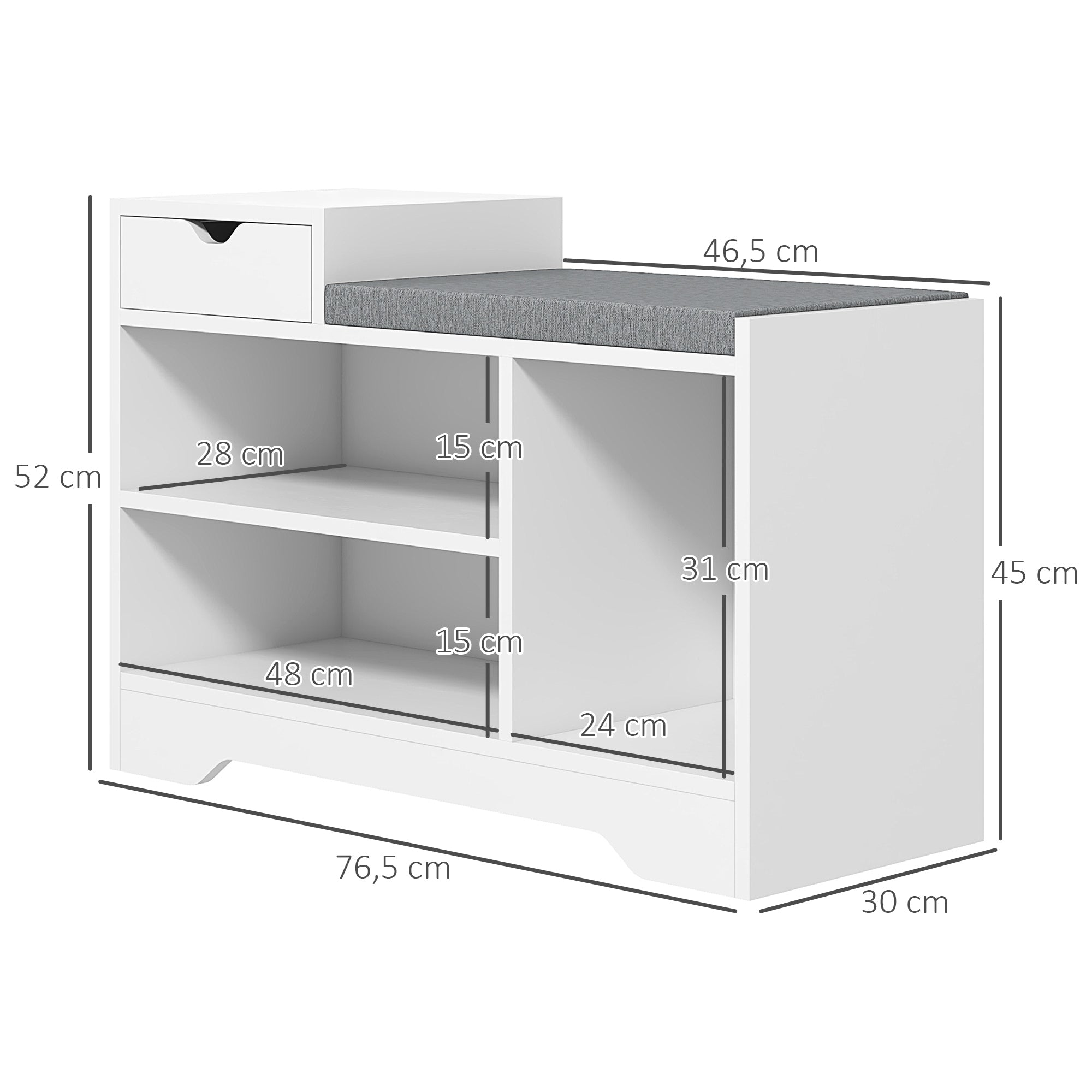 Banc à chaussures, banc de rangement, 1 tiroir et 3 compartiments, meuble d'entrée avec coussin rembourrée, pour couloir, entrée, chambre, 76,5 x 30 x 52 cm, blanc