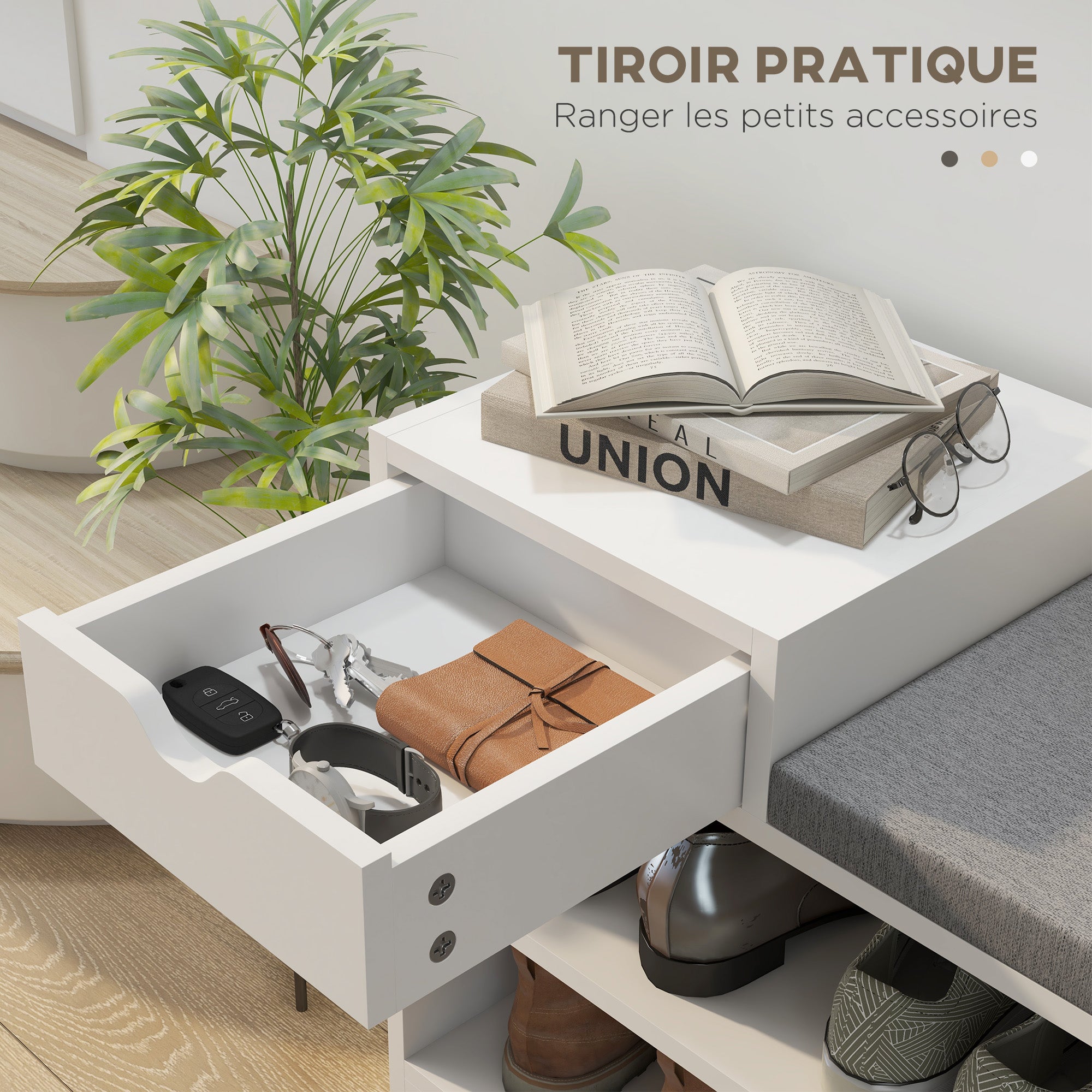 Banc à chaussures, banc de rangement, 1 tiroir et 3 compartiments, meuble d'entrée avec coussin rembourrée, pour couloir, entrée, chambre, 76,5 x 30 x 52 cm, blanc