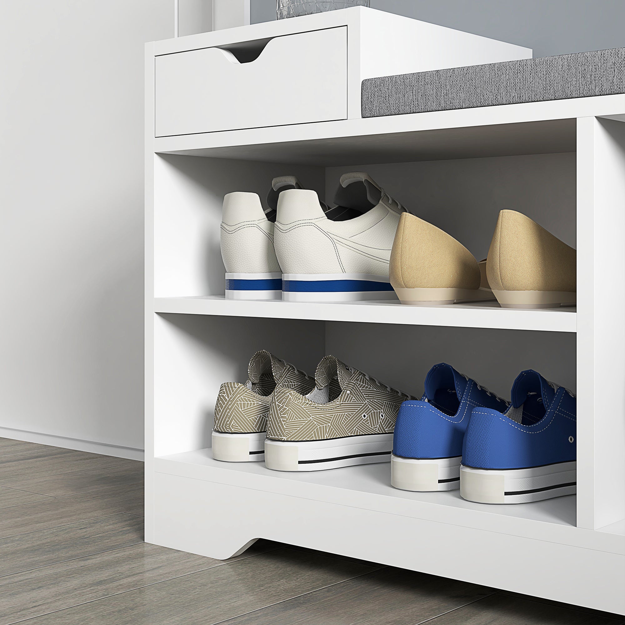 Banc à chaussures, banc de rangement, 1 tiroir et 3 compartiments, meuble d'entrée avec coussin rembourrée, pour couloir, entrée, chambre, 76,5 x 30 x 52 cm, blanc