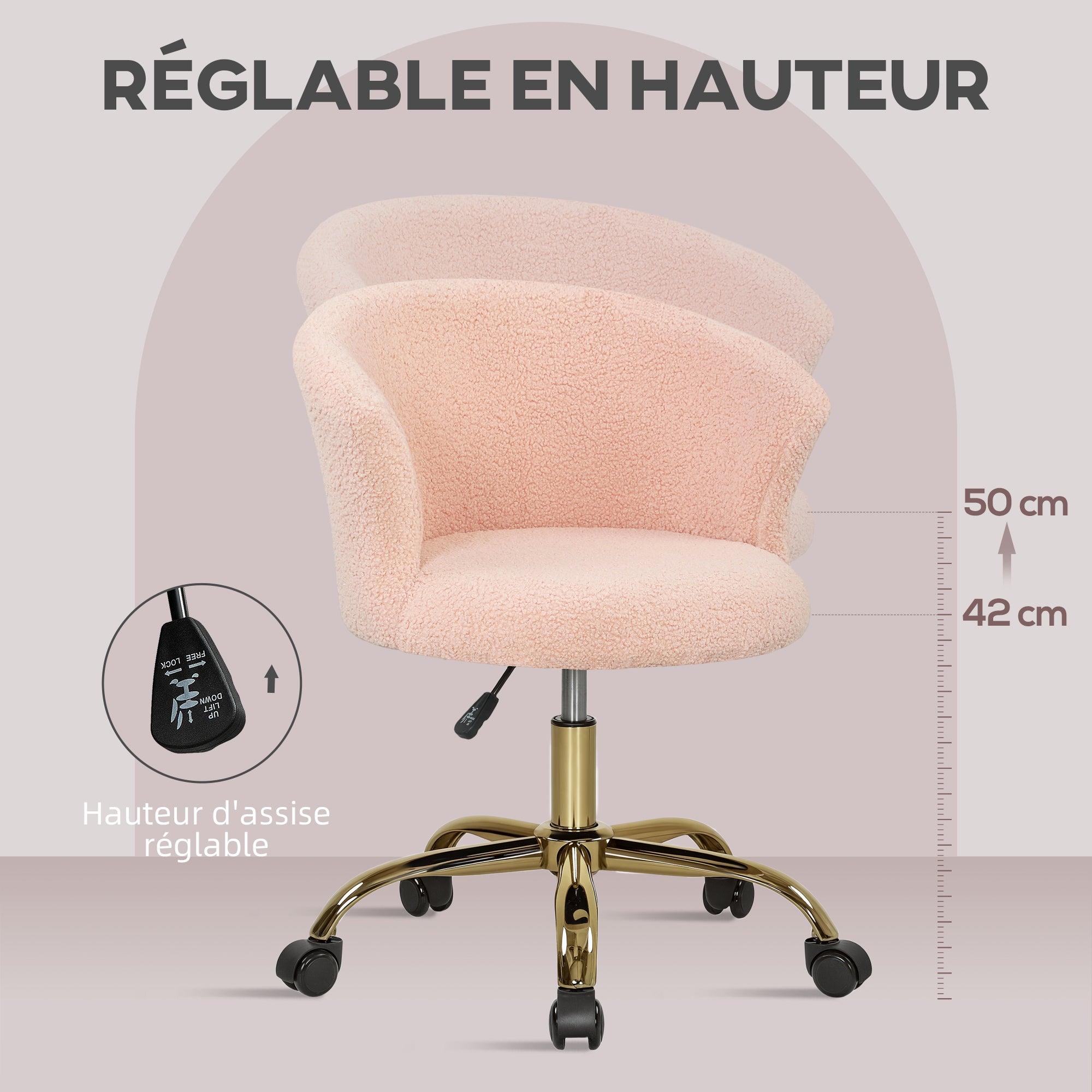 Chaise bureau ergonomique en polaire Teddy, chaise coiffeuse, fauteuil pivotante avec hauteur réglable, assise rembourrée et piètement acier doré, pour bureau, salon, chambre, rose