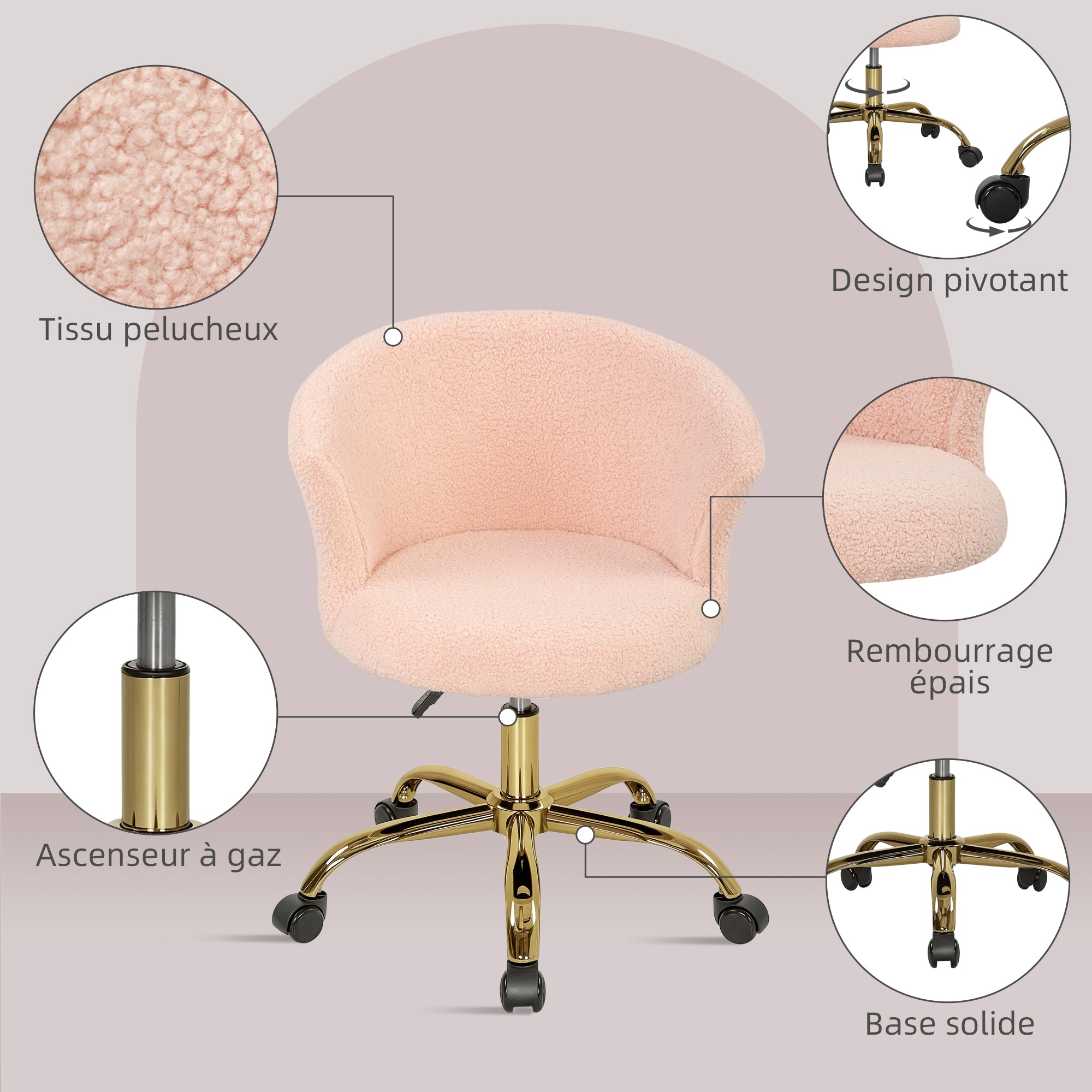 Chaise bureau ergonomique en polaire Teddy, chaise coiffeuse, fauteuil pivotante avec hauteur réglable, assise rembourrée et piètement acier doré, pour bureau, salon, chambre, rose