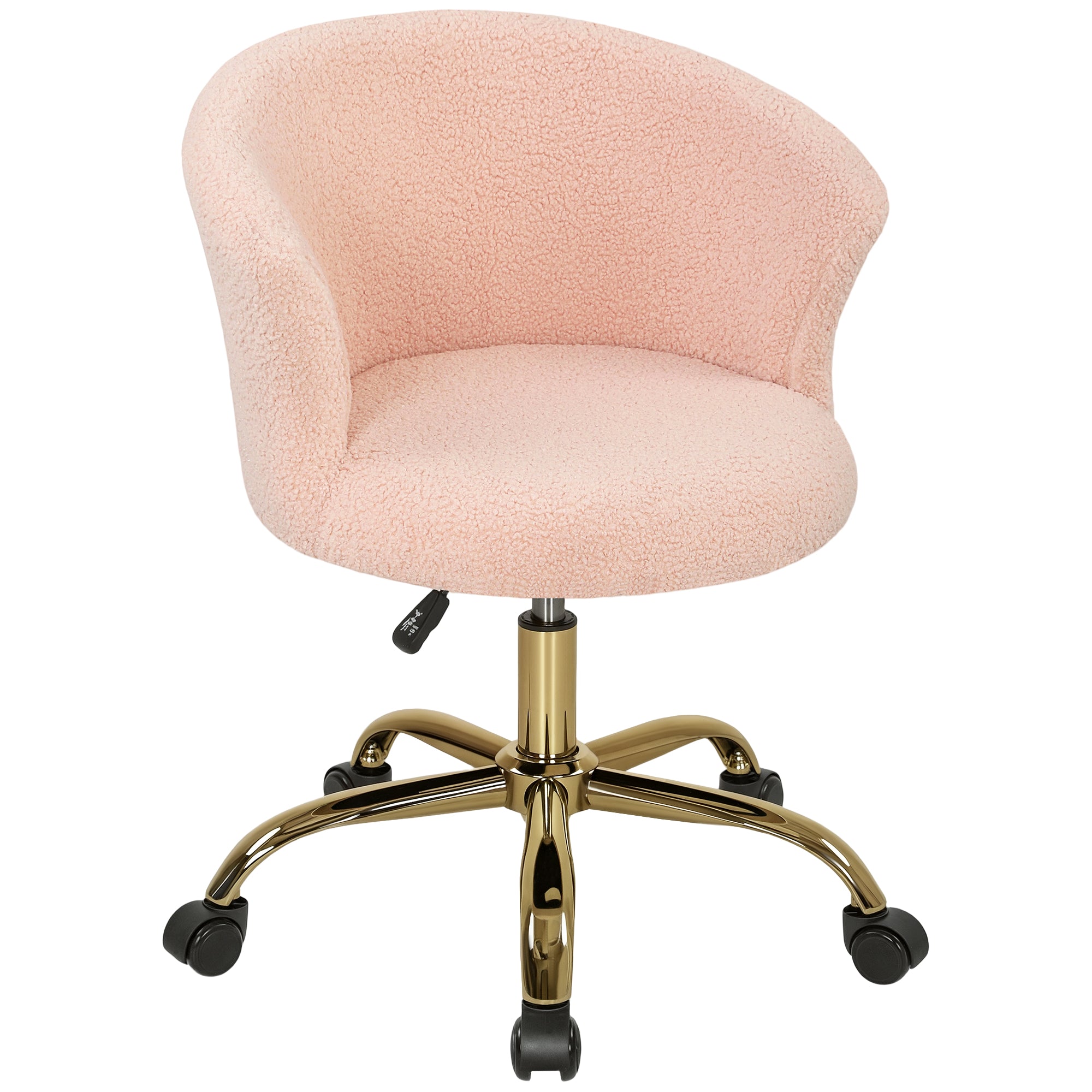 Chaise bureau ergonomique en polaire Teddy, chaise coiffeuse, fauteuil pivotante avec hauteur réglable, assise rembourrée et piètement acier doré, pour bureau, salon, chambre, rose