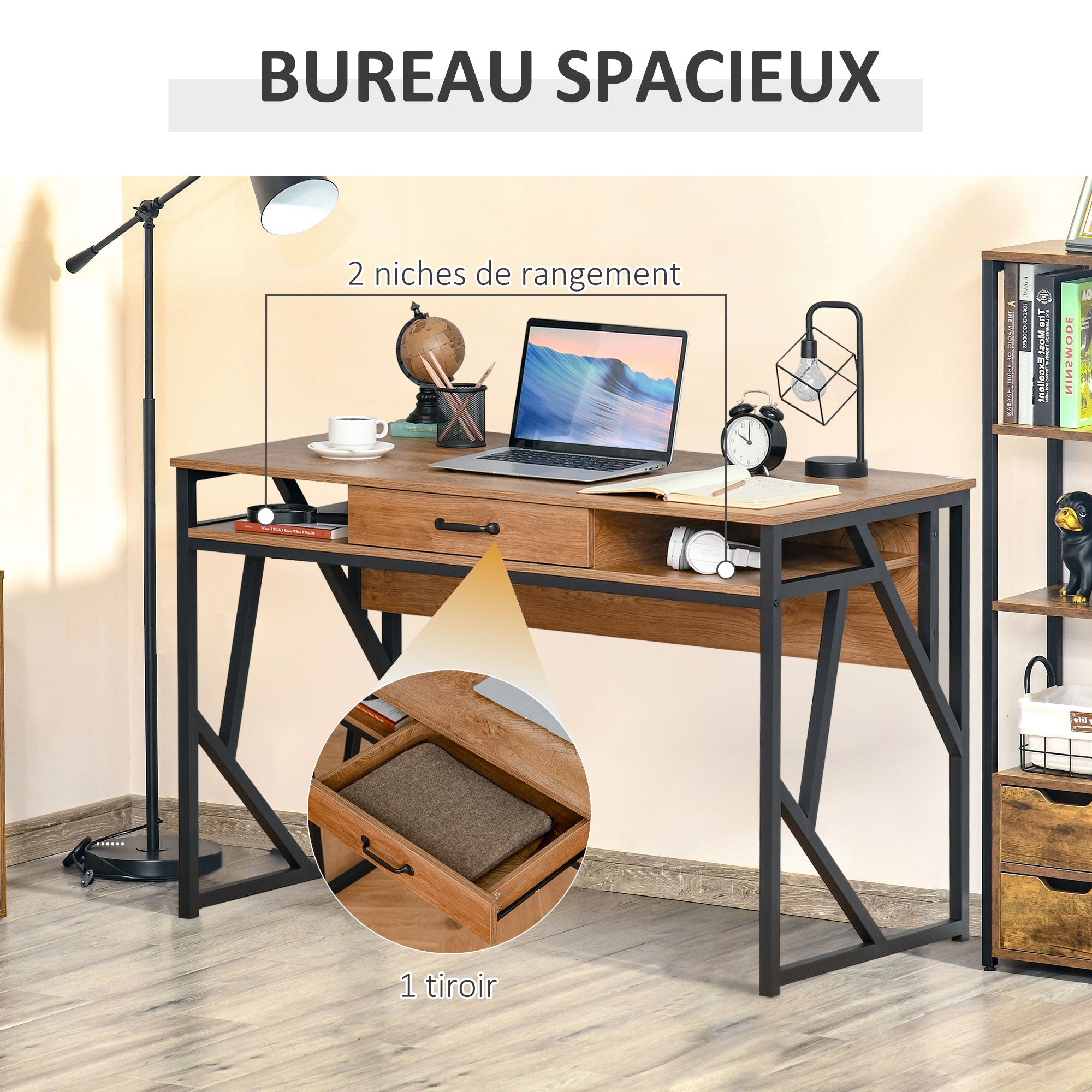 Bureau Style Industriel dim. 120L x 60l x 76H cm tiroir + 2 niches piètement métal Noir Plateau Aspect Bois Noyer