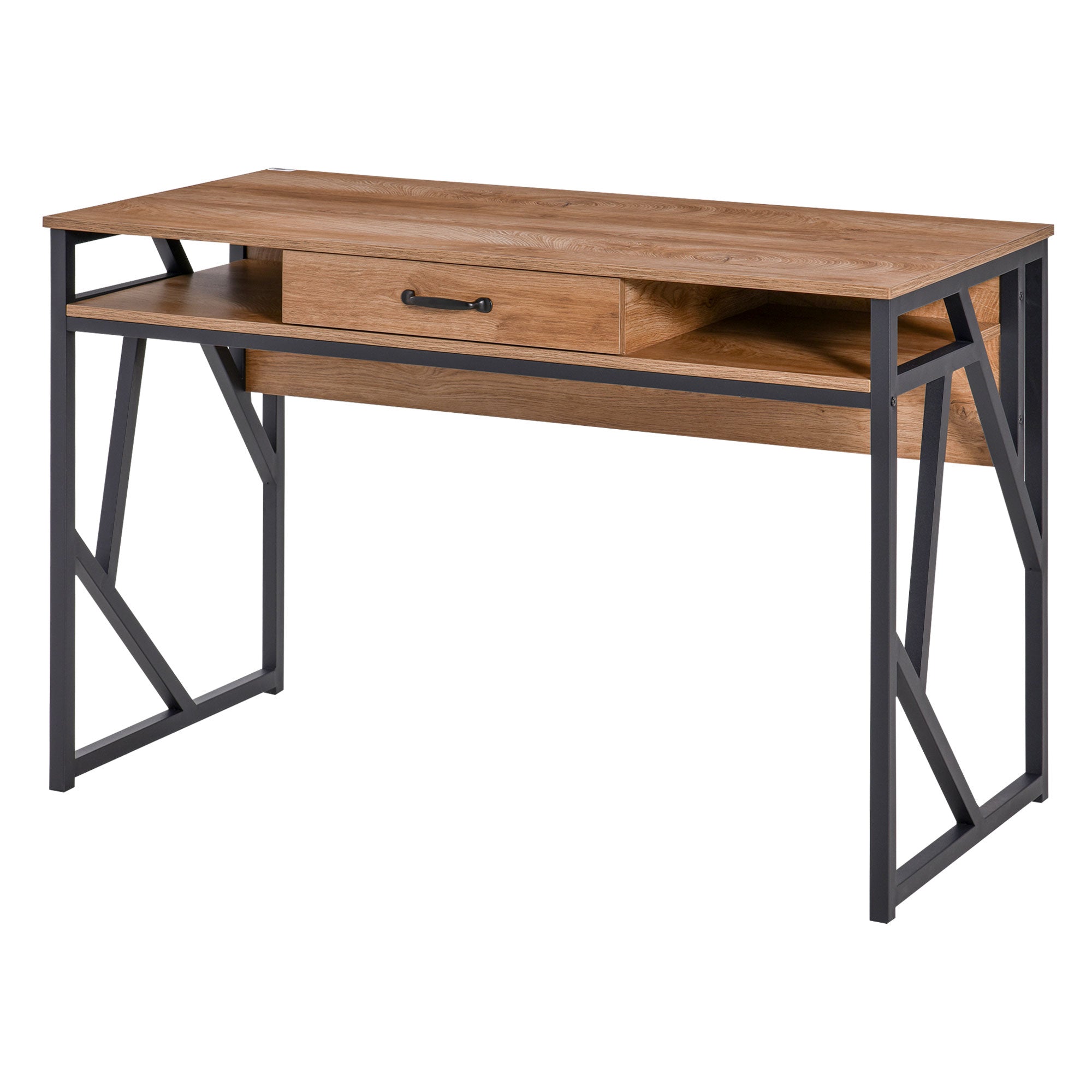 Bureau Style Industriel dim. 120L x 60l x 76H cm tiroir + 2 niches piètement métal Noir Plateau Aspect Bois Noyer