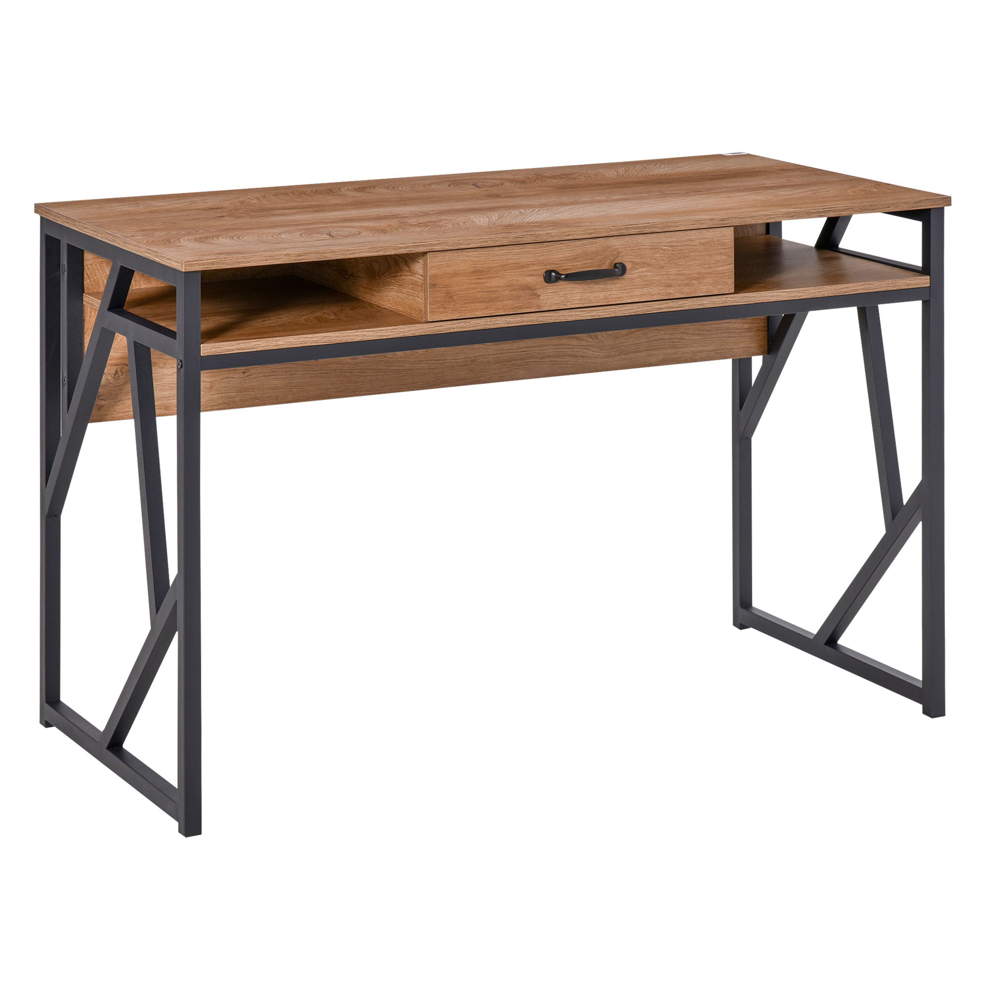 Bureau Style Industriel dim. 120L x 60l x 76H cm tiroir + 2 niches piètement métal Noir Plateau Aspect Bois Noyer