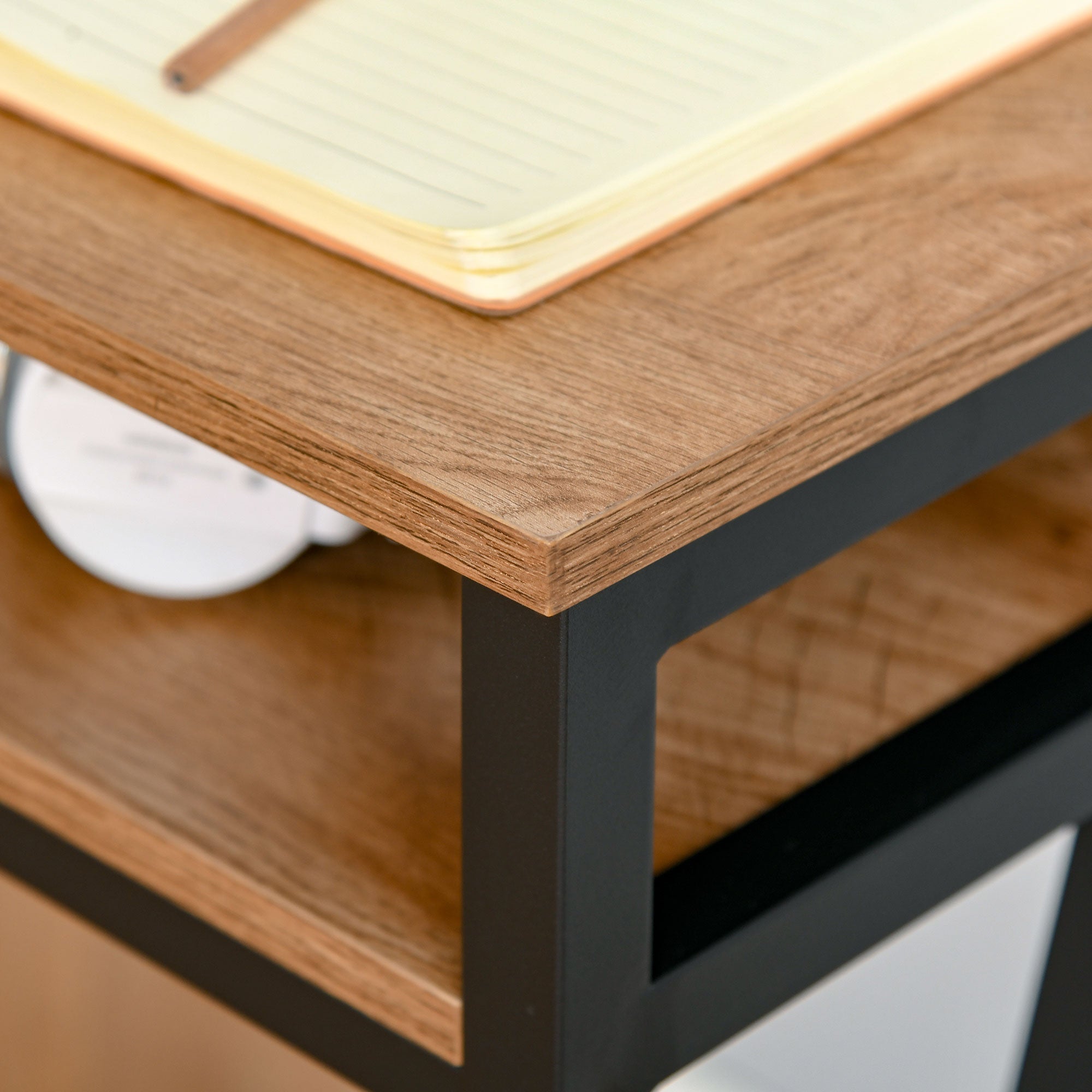 Bureau Style Industriel dim. 120L x 60l x 76H cm tiroir + 2 niches piètement métal Noir Plateau Aspect Bois Noyer