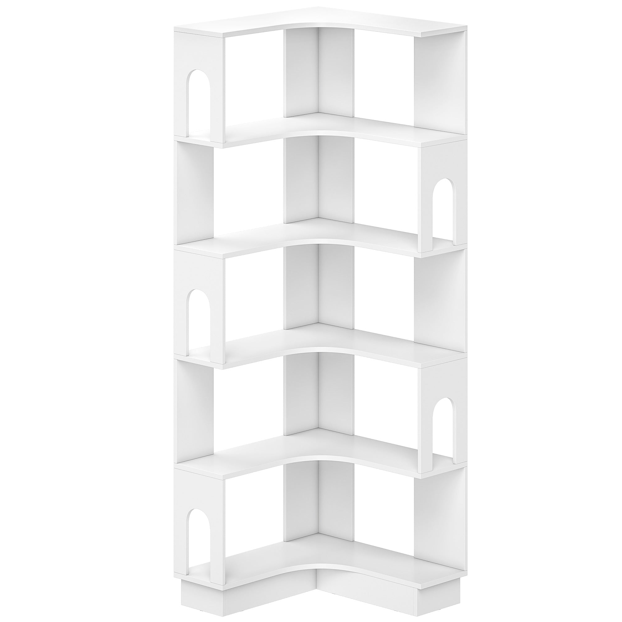 Bibliothèque d'angle, étagère de rangement à 6 niveaux avec panneaux latéraux arqués, style moderne, meuble de rangement pour bureau, salon, chambre, 60 x 60 x 165,5 cm, blanc