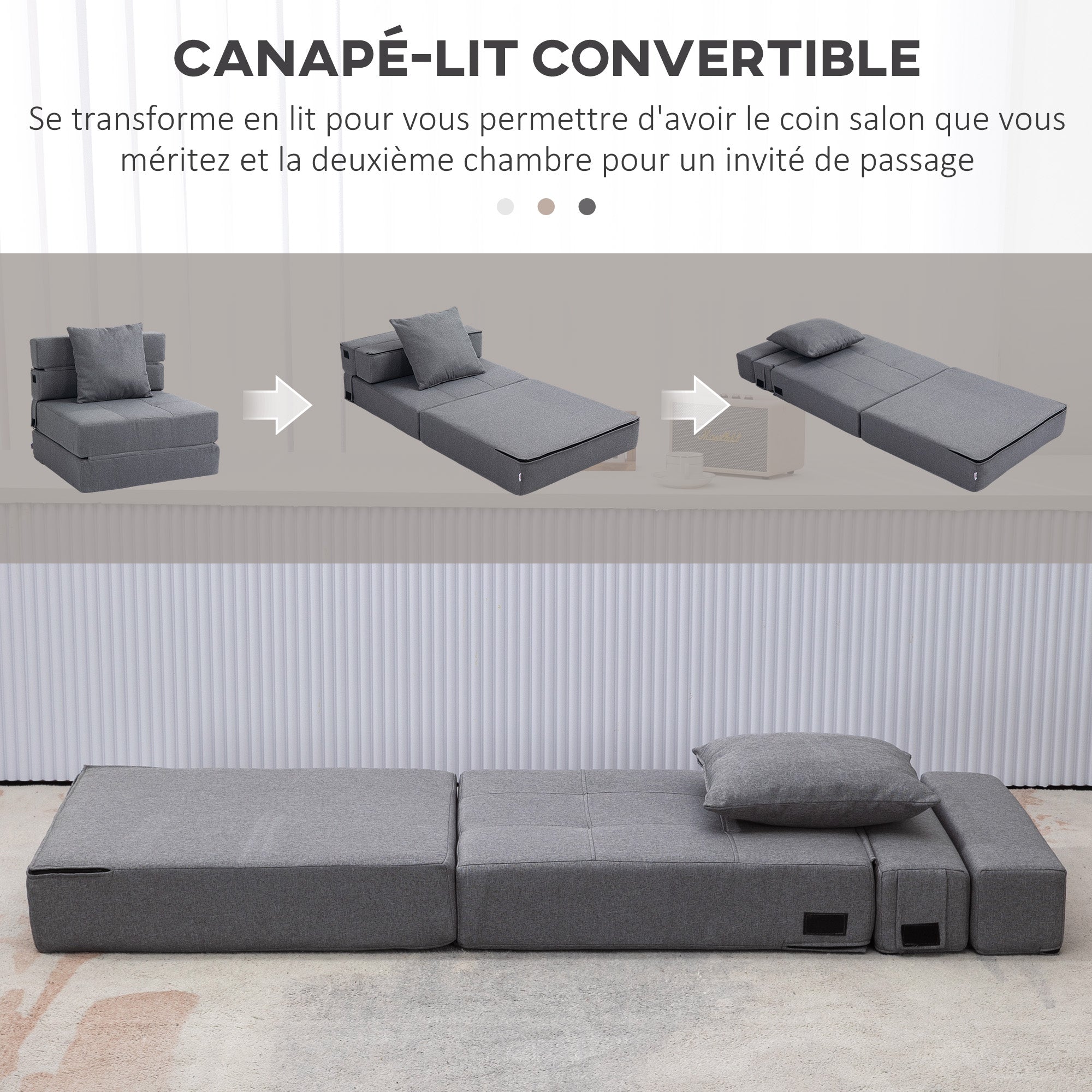 Fauteuil convertible 1 place fauteuil lit chauffeuse 1 place - coussin déhoussable inclus - chaise de sol pour invités, salon, charge 120 kg, gris foncé