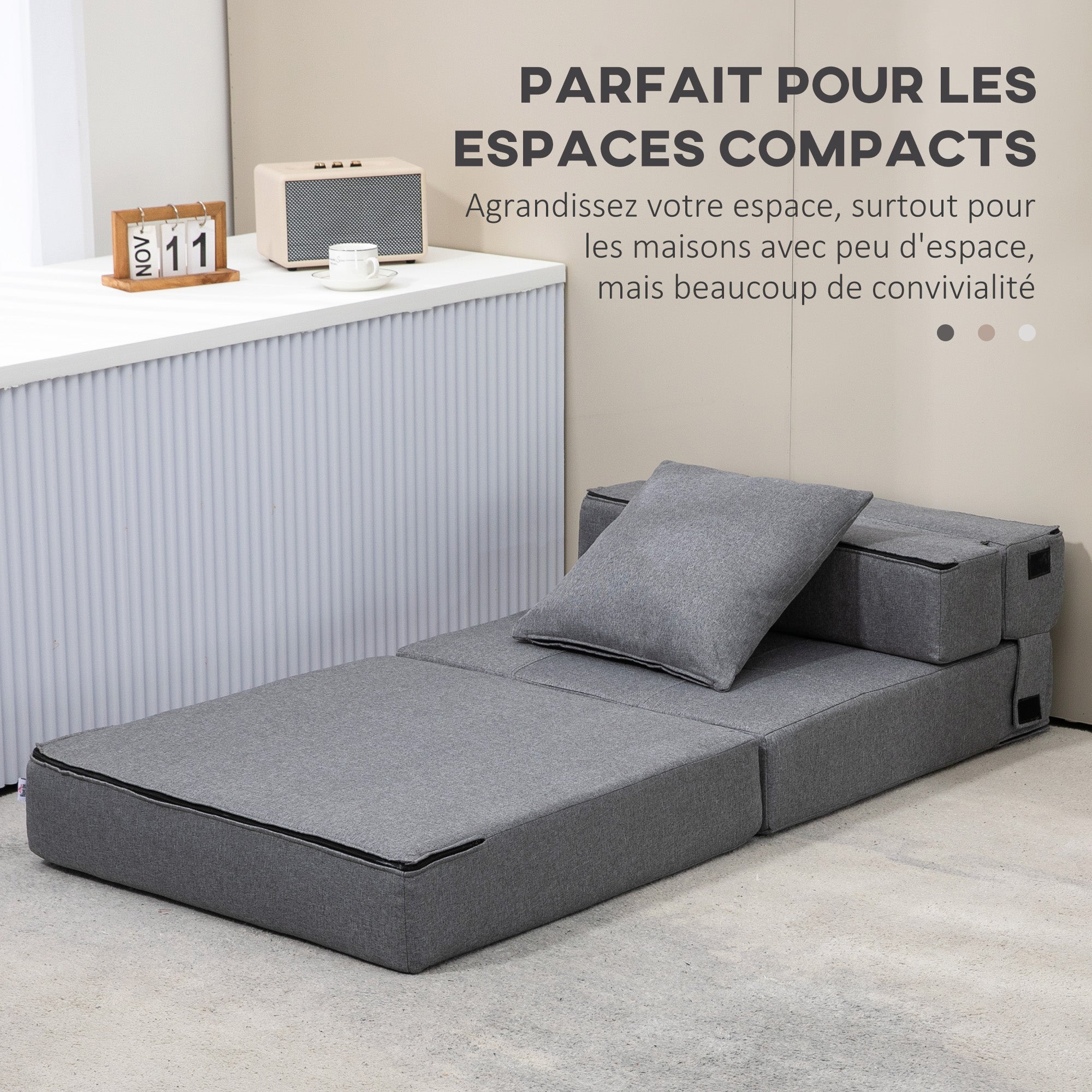 Fauteuil convertible 1 place fauteuil lit chauffeuse 1 place - coussin déhoussable inclus - chaise de sol pour invités, salon, charge 120 kg, gris foncé