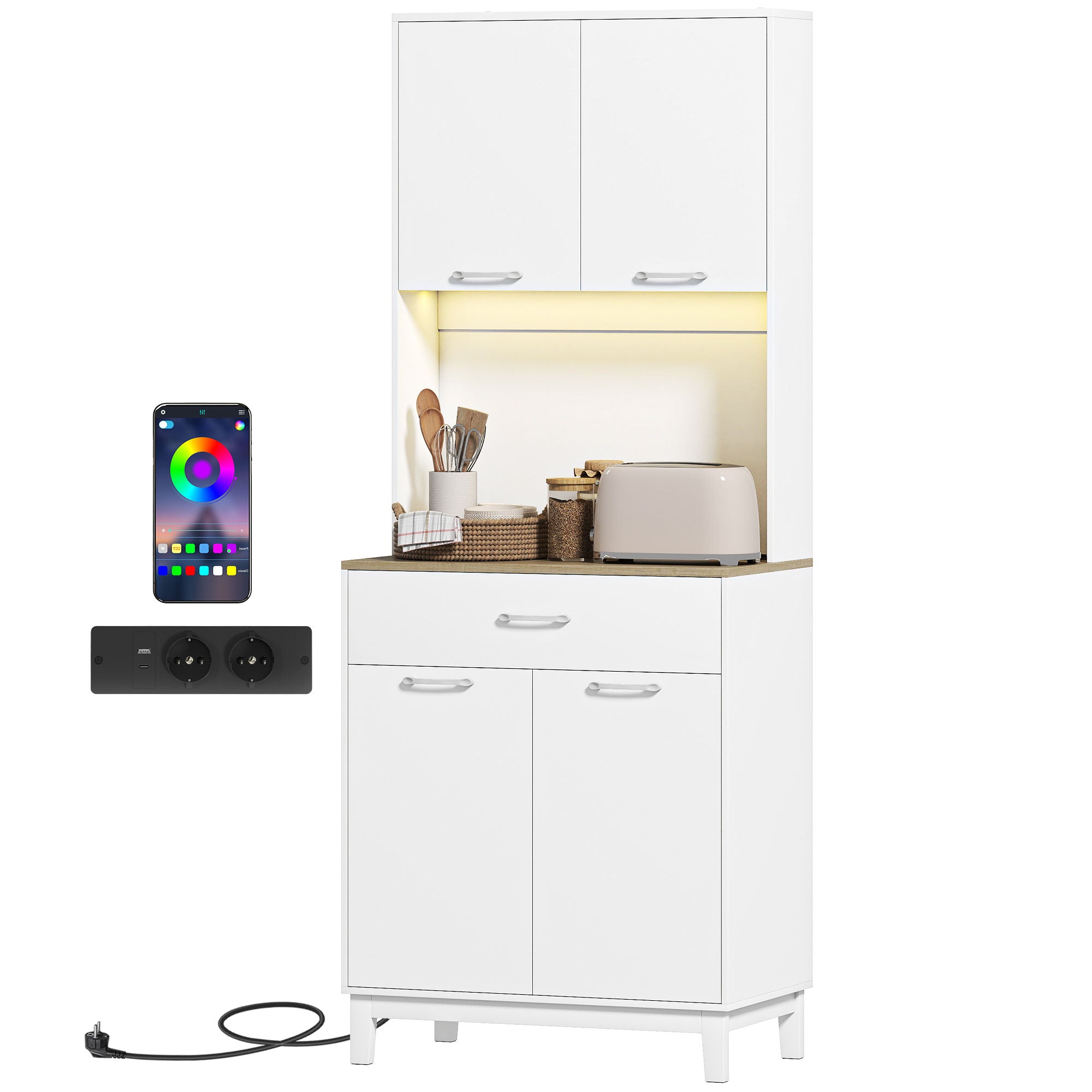 Buffet Haut Cuisine avec LED et Station de Charge, Armoire de Cuisine 180cm avec 4 Portes, Tiroir, Étagères Réglables et Plan de Travail, Meuble de Rangement pour Salon, Salle à Manger, Blanc