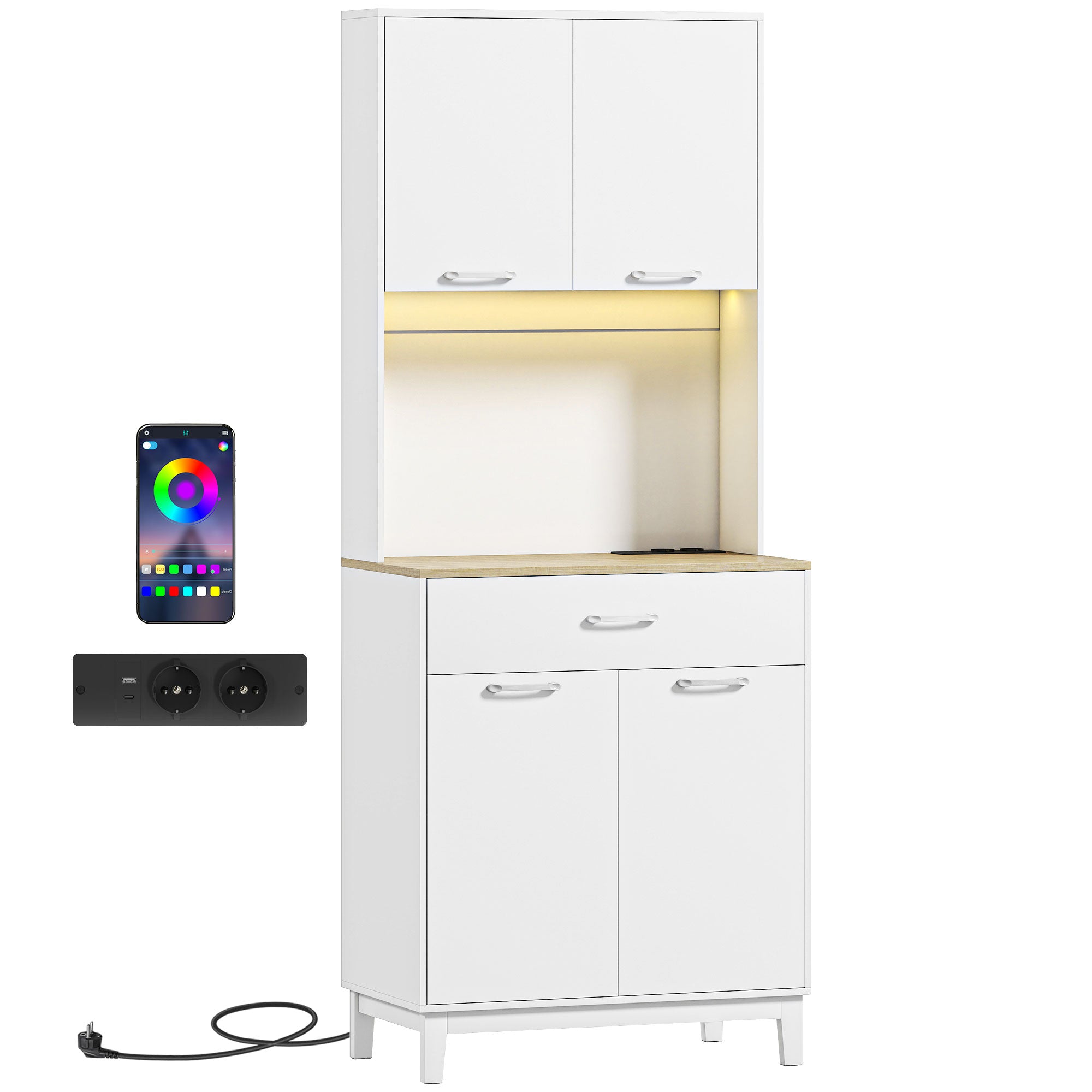 Buffet Haut Cuisine avec LED et Station de Charge, Armoire de Cuisine 180cm avec 4 Portes, Tiroir, Étagères Réglables et Plan de Travail, Meuble de Rangement pour Salon, Salle à Manger, Blanc