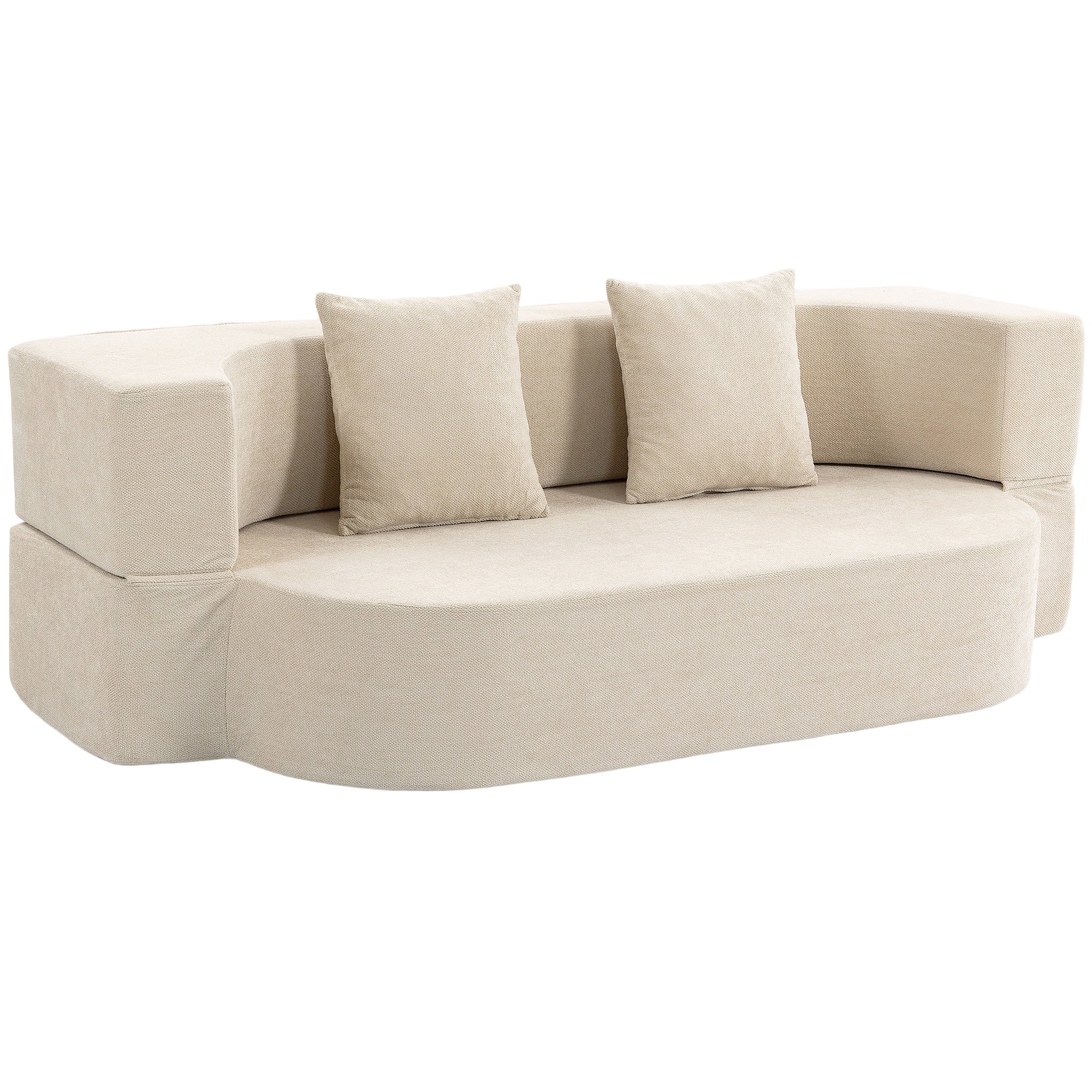 Canapé Convertible 2 Places, Canapé-Lit en Chenille 190cm, Dossier Rabattable, Assise et Accoudoirs Larges, 2 Oreillers, Entièrement Compressé Pas d'Assemblage, pour Salon, Chambre, Beige