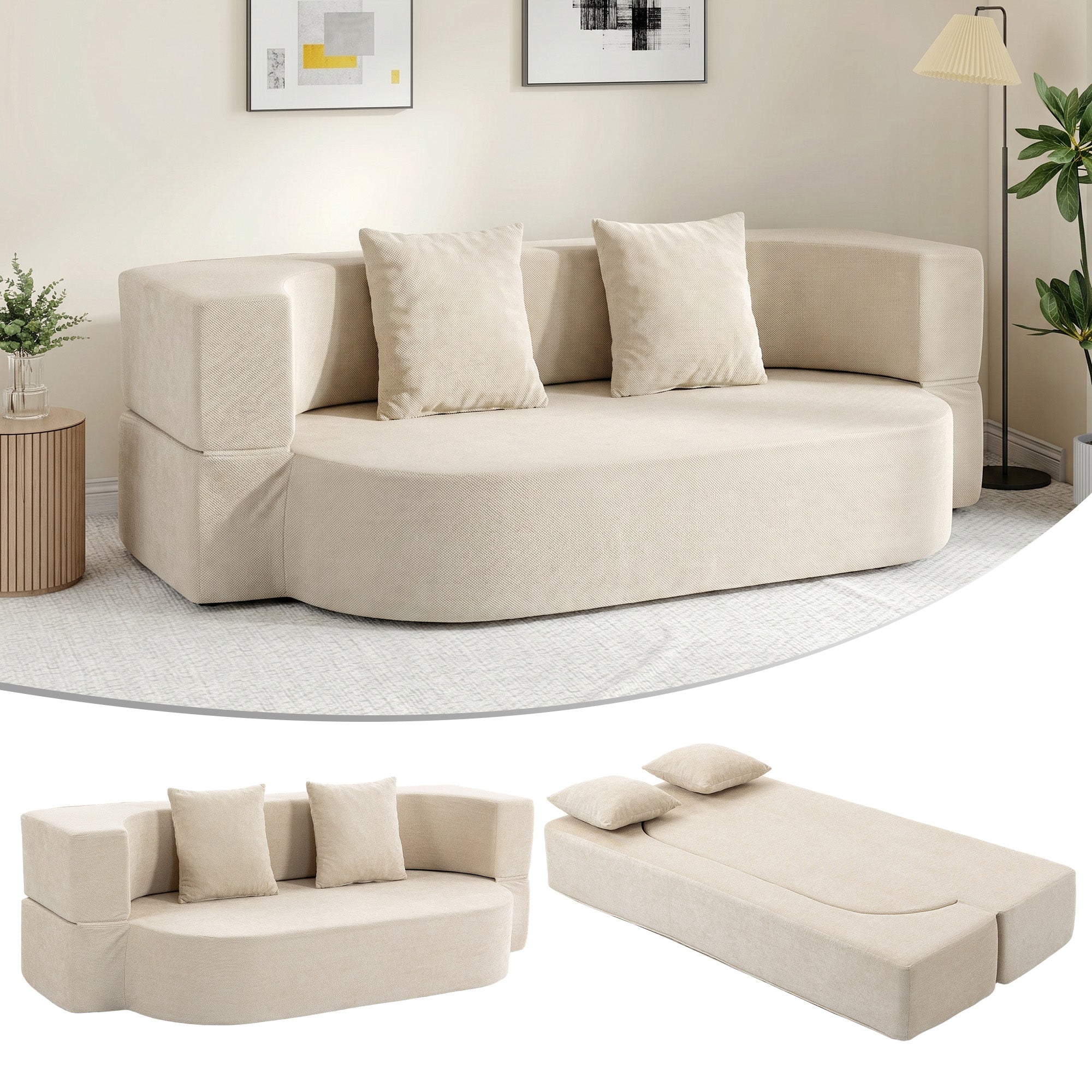 Canapé Convertible 2 Places, Canapé-Lit en Chenille 190cm, Dossier Rabattable, Assise et Accoudoirs Larges, 2 Oreillers, Entièrement Compressé Pas d'Assemblage, pour Salon, Chambre, Beige