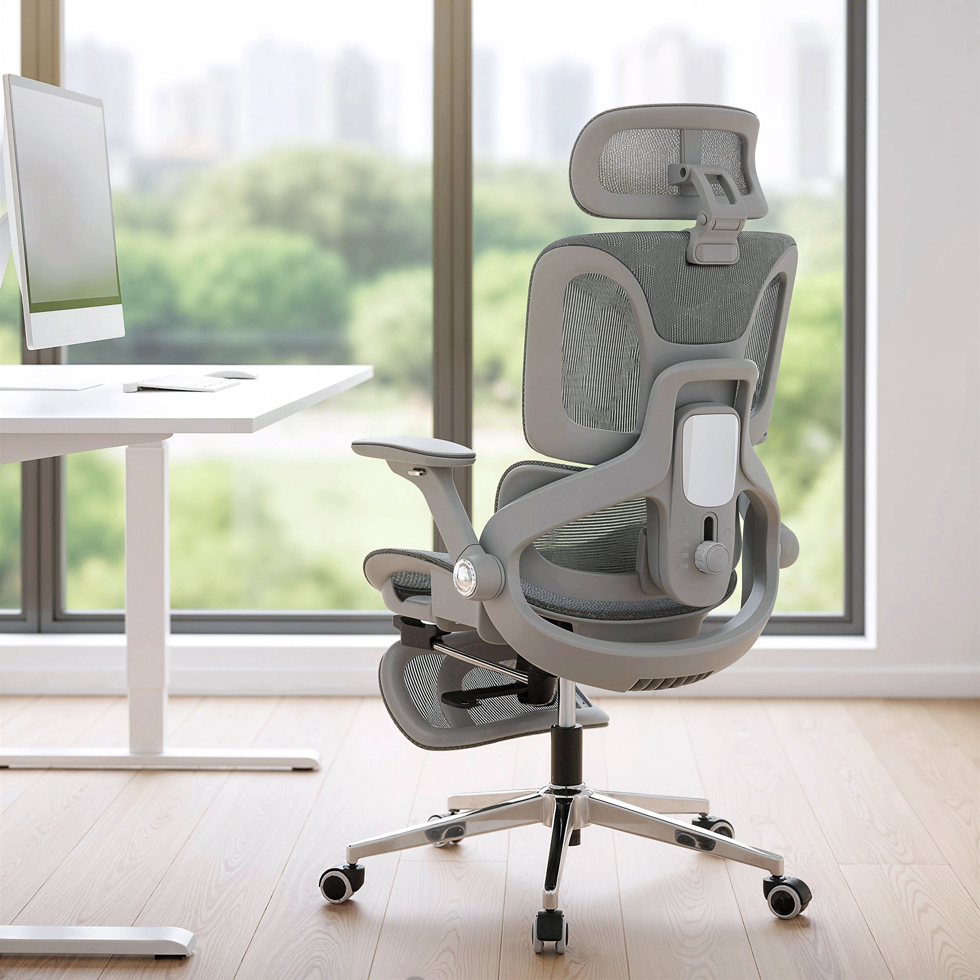 Chaise Bureau Ergonomique avec Accoudoirs 4D Appui-Tête et Profondeur d'Assise Réglables Fauteuil de Bureau en Maille Inclinable Hauteur Réglable Soutien Lombaire Adjustable Repose-Pieds Gris