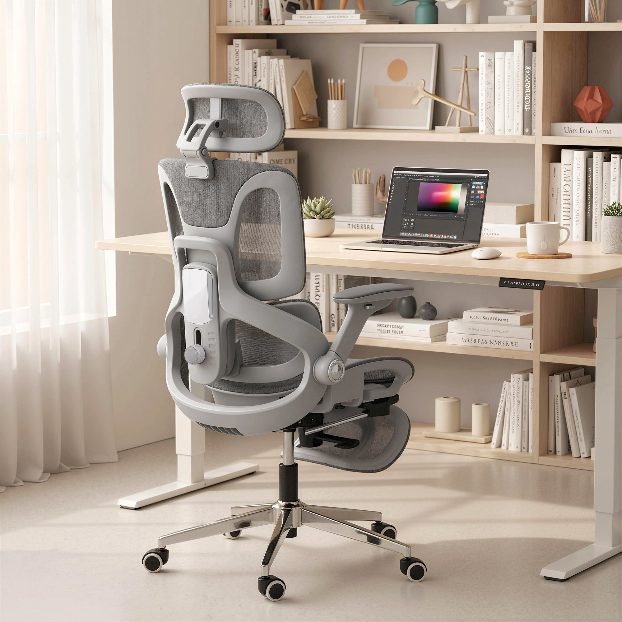 Chaise Bureau Ergonomique avec Accoudoirs 4D Appui-Tête et Profondeur d'Assise Réglables Fauteuil de Bureau en Maille Inclinable Hauteur Réglable Soutien Lombaire Adjustable Repose-Pieds Gris
