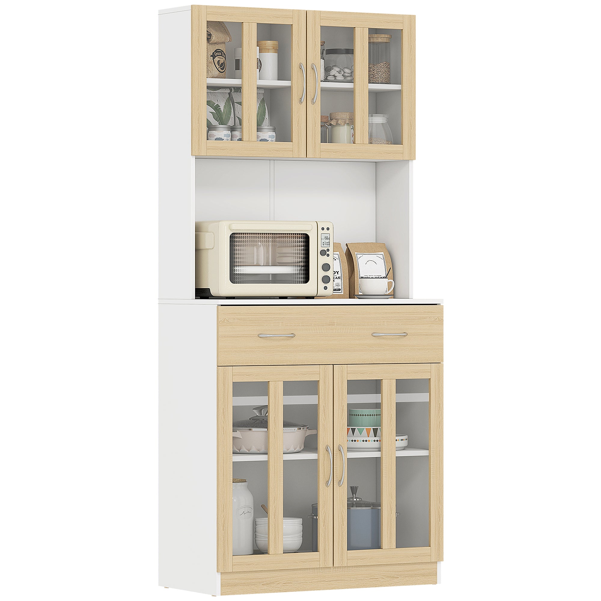 Buffet haut de Cuisine Armoire de Cuisine Multi-Rangement 4 Portes vitrine Verre avec étagère tiroir Coulissant Grand Plateau en Bois Blanc Aspect chêne Clair