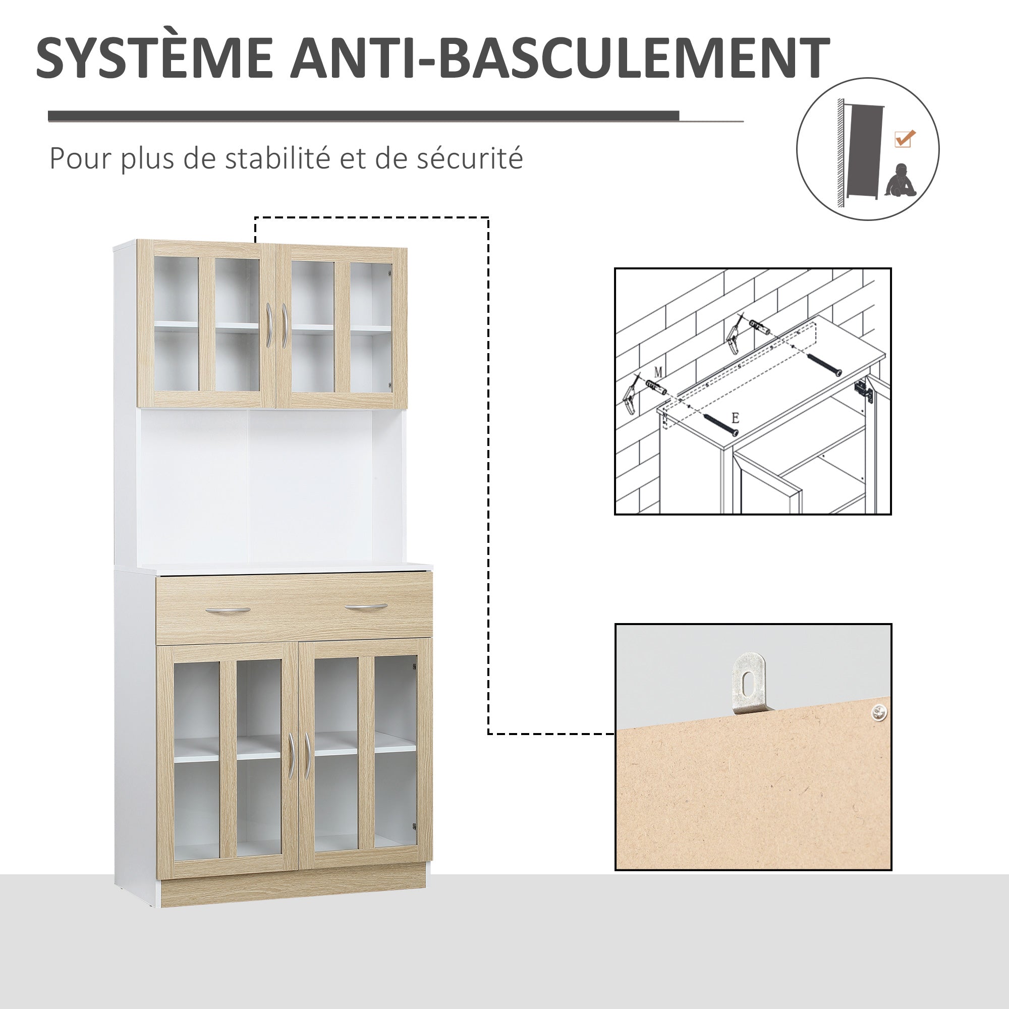 Buffet haut de Cuisine Armoire de Cuisine Multi-Rangement 4 Portes vitrine Verre avec étagère tiroir Coulissant Grand Plateau en Bois Blanc Aspect chêne Clair