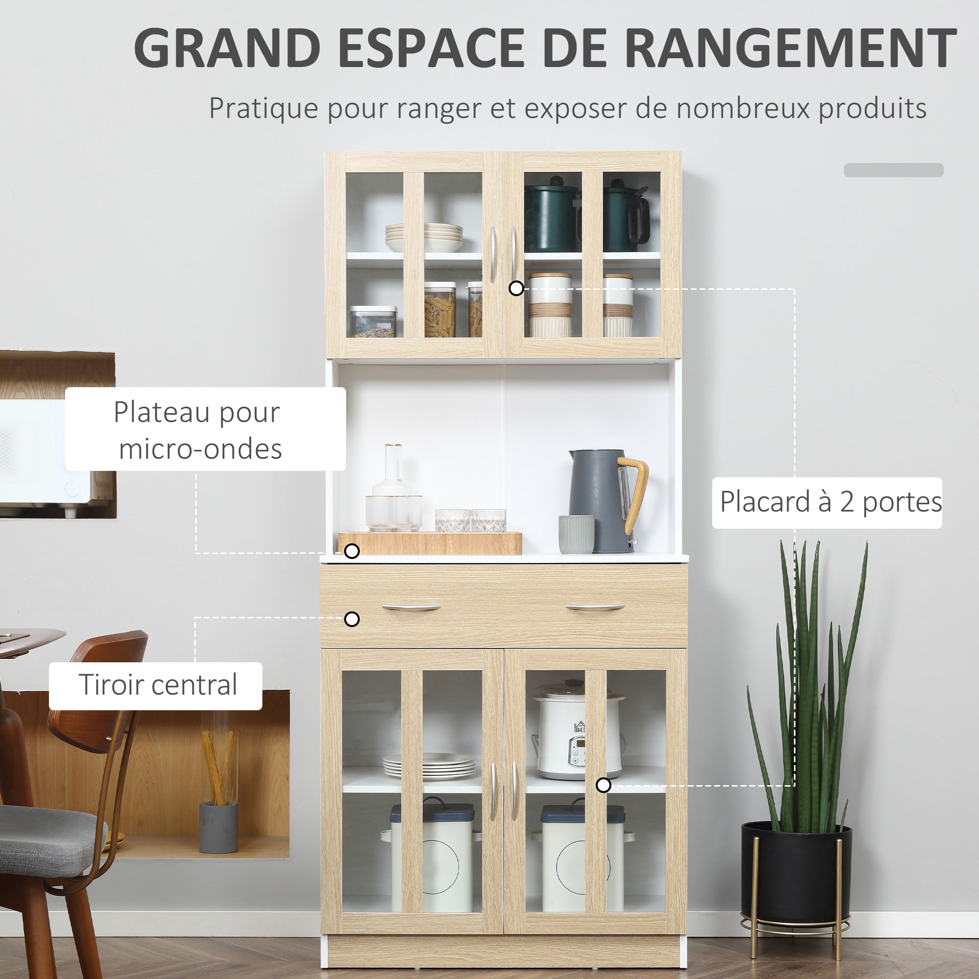 Buffet haut de Cuisine Armoire de Cuisine Multi-Rangement 4 Portes vitrine Verre avec étagère tiroir Coulissant Grand Plateau en Bois Blanc Aspect chêne Clair