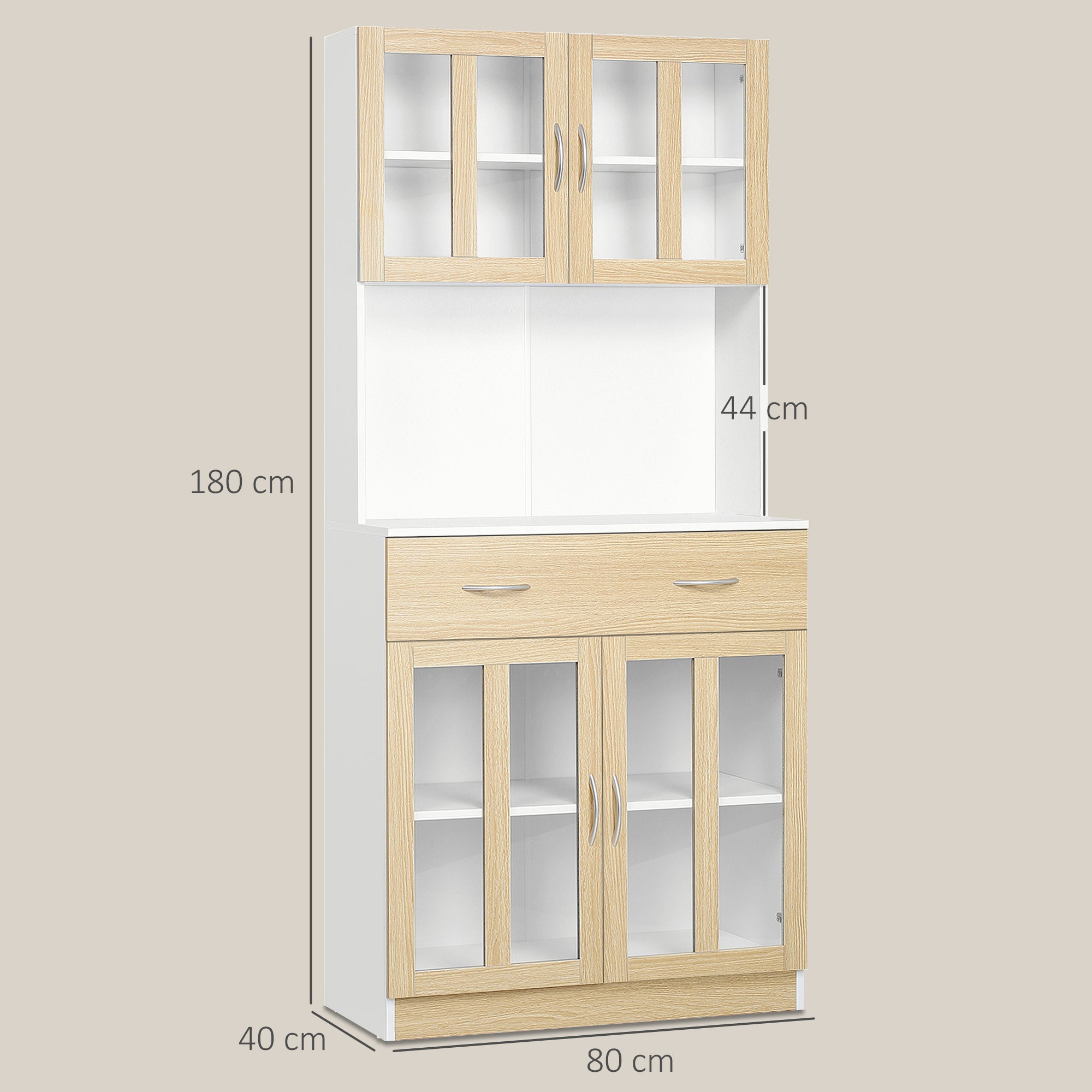 Buffet haut de Cuisine Armoire de Cuisine Multi-Rangement 4 Portes vitrine Verre avec étagère tiroir Coulissant Grand Plateau en Bois Blanc Aspect chêne Clair