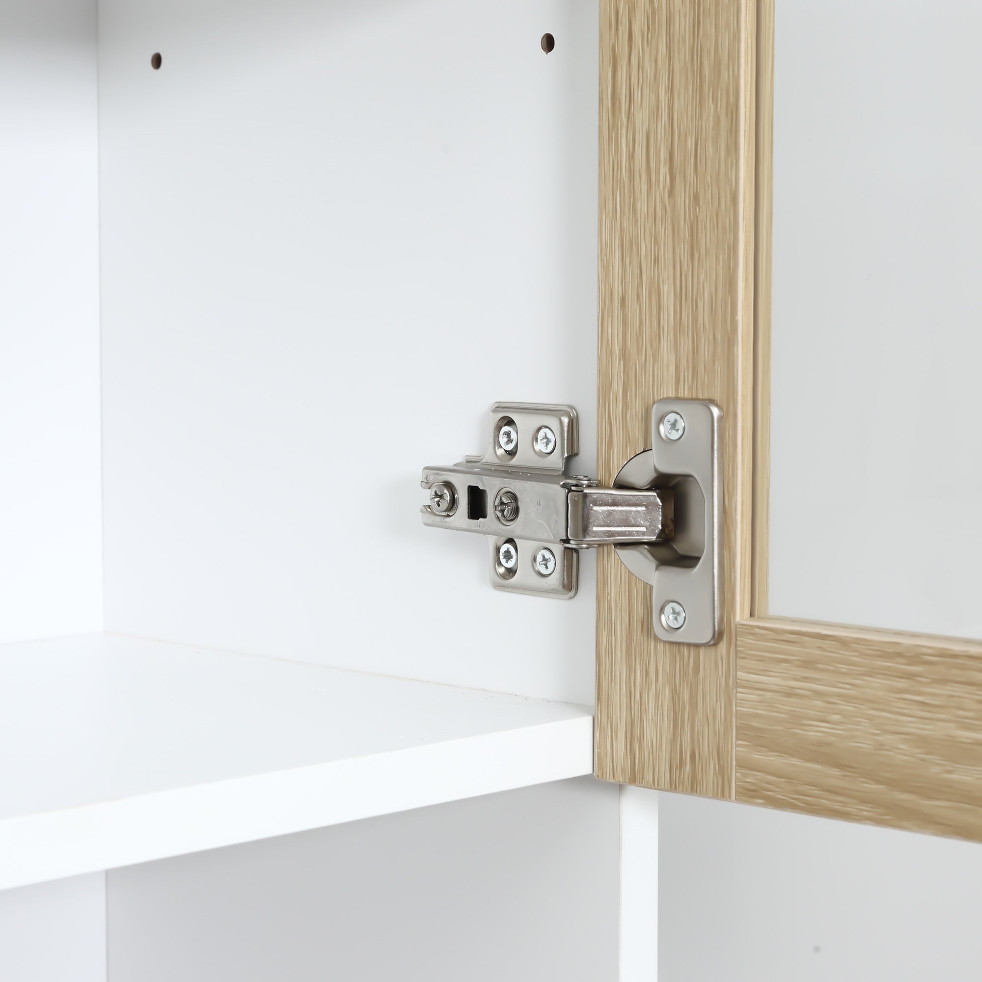 Buffet haut de Cuisine Armoire de Cuisine Multi-Rangement 4 Portes vitrine Verre avec étagère tiroir Coulissant Grand Plateau en Bois Blanc Aspect chêne Clair