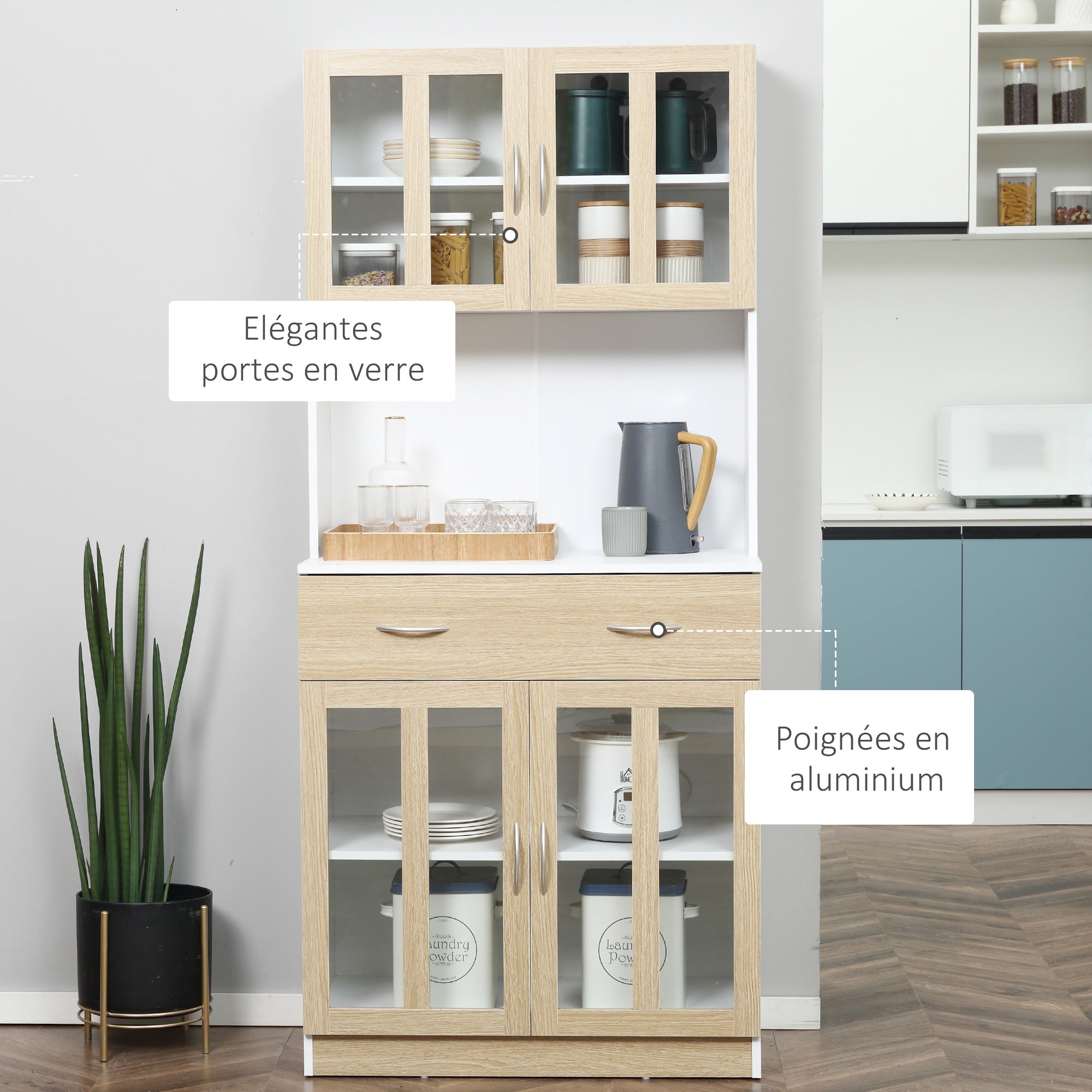 Buffet haut de Cuisine Armoire de Cuisine Multi-Rangement 4 Portes vitrine Verre avec étagère tiroir Coulissant Grand Plateau en Bois Blanc Aspect chêne Clair