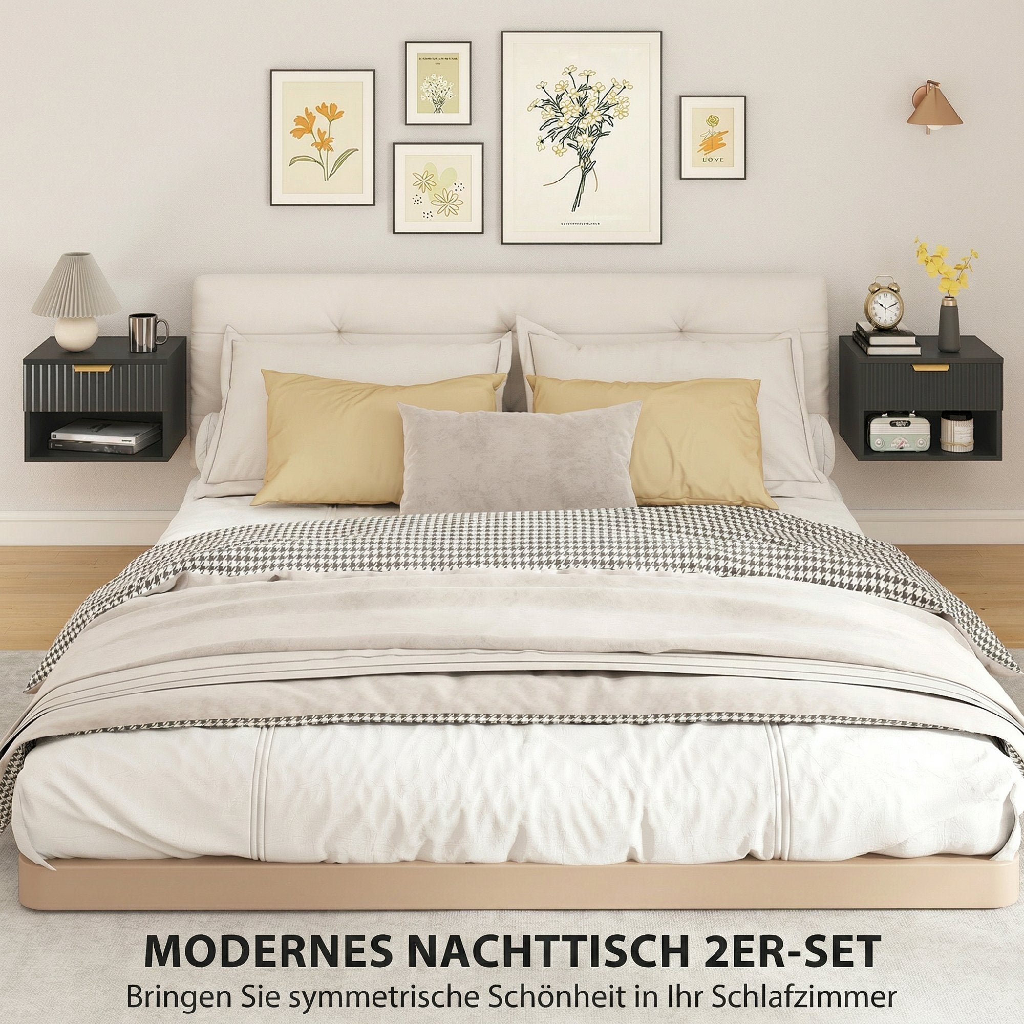 Lot de 2 tables de chevet suspendues, tables de nuit murales avec tiroir à fermeture douce et niche de rangement, moderne pour chambre, salon, 40 x 34 x 29 cm, noir