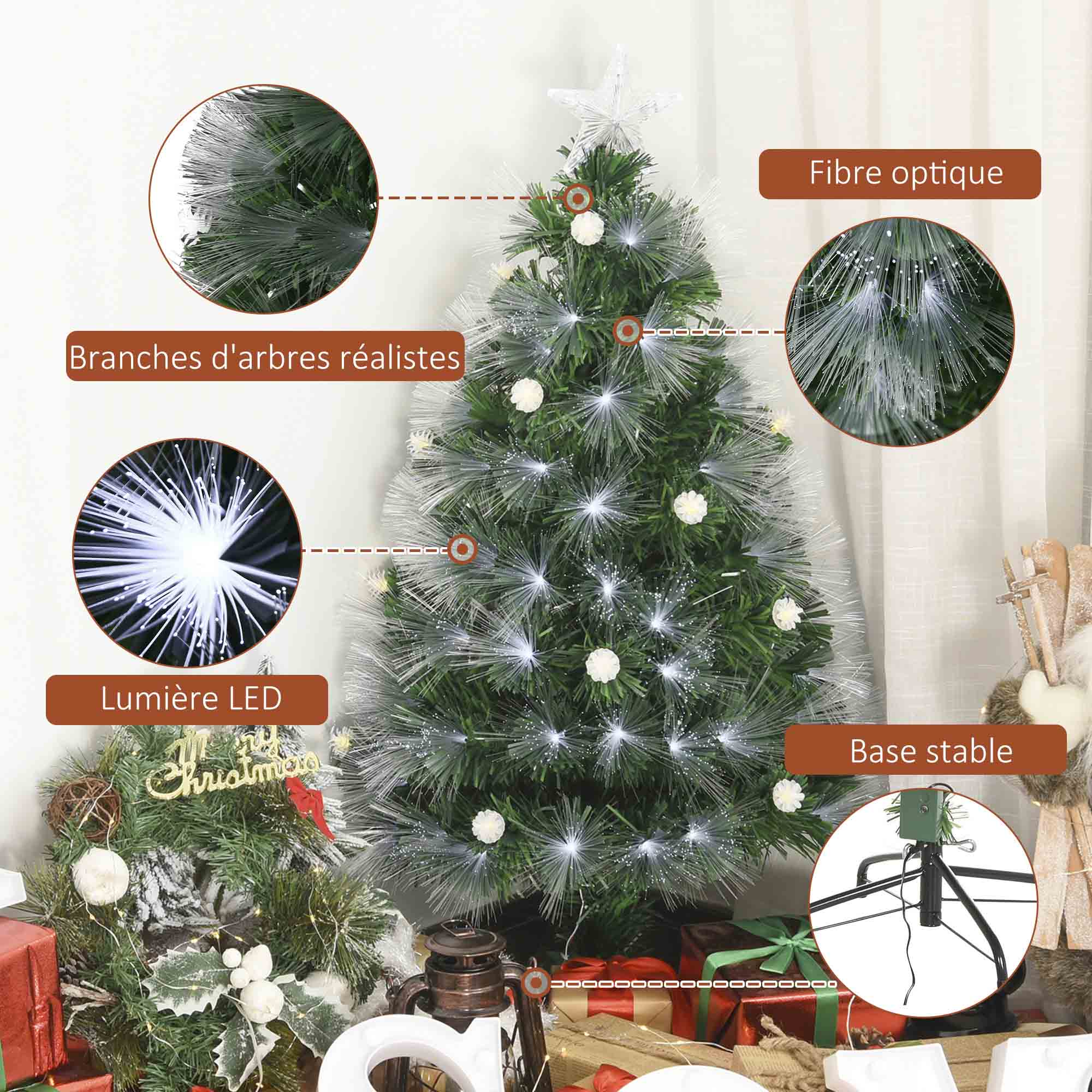 Sapin de Noël Artificiel Lumineux 120H cm Fibre Optique LED + 20 Ampoules + Support Pied 130 Branches étoile Sommet Brillante Vert