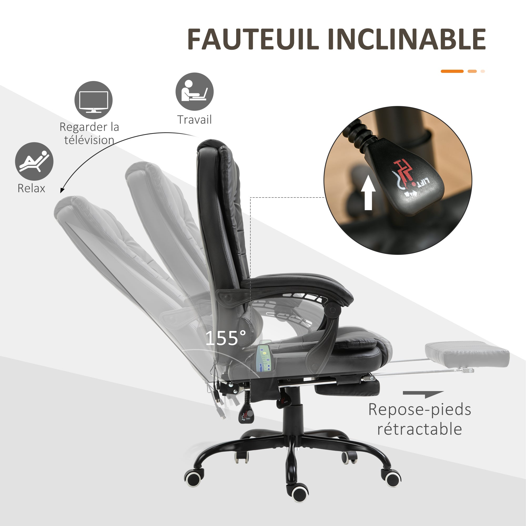 Fauteuil de bureau massant, chaise de bureau, chaise ergonomique avec hauteur réglable, dossier inclinable et télécommande filaire, repose-pieds rétractable et pivotant à 360°, noir